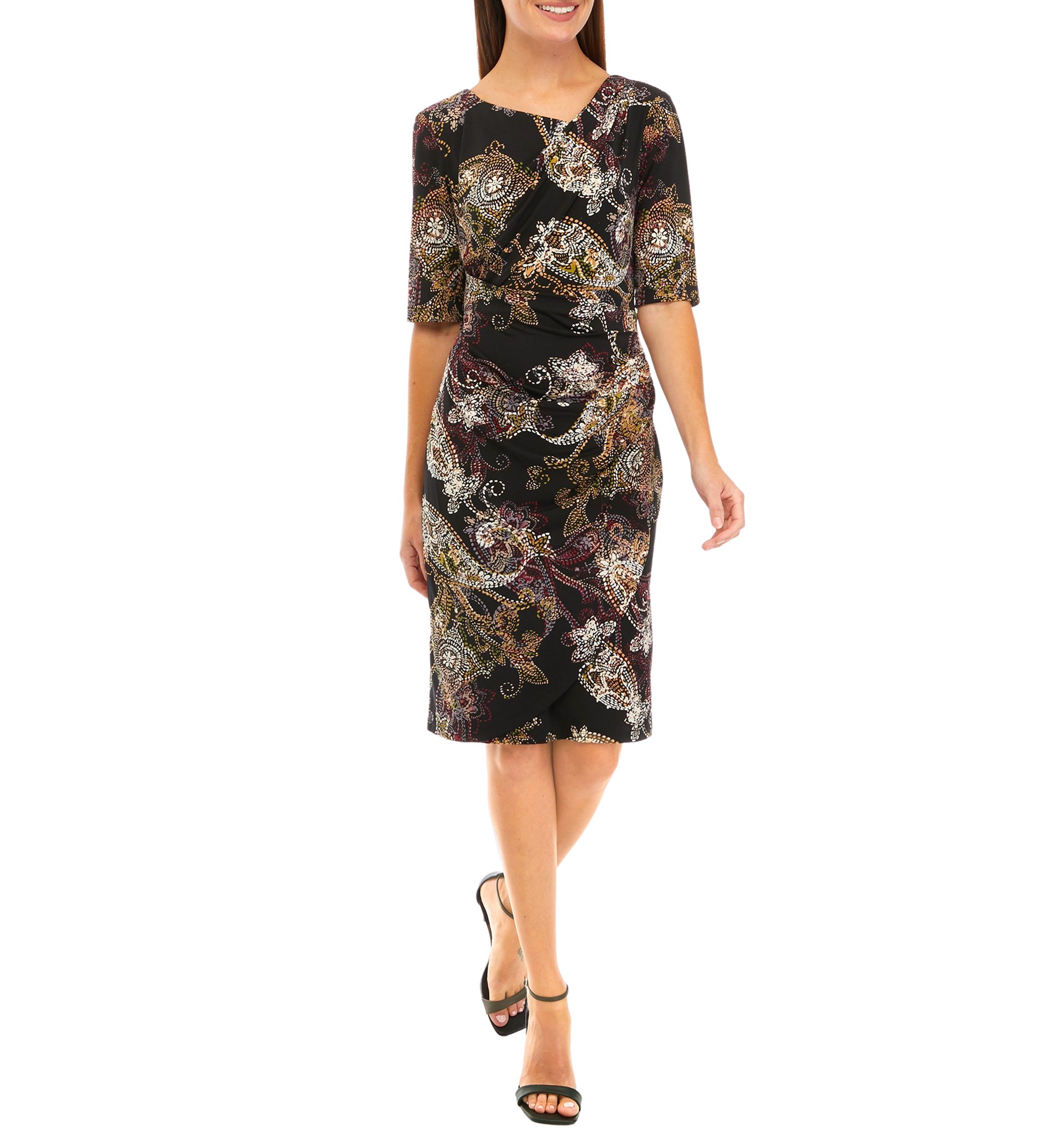 Womens Elbow Sleeve Asymmetrical Neck Paisley Print Dress