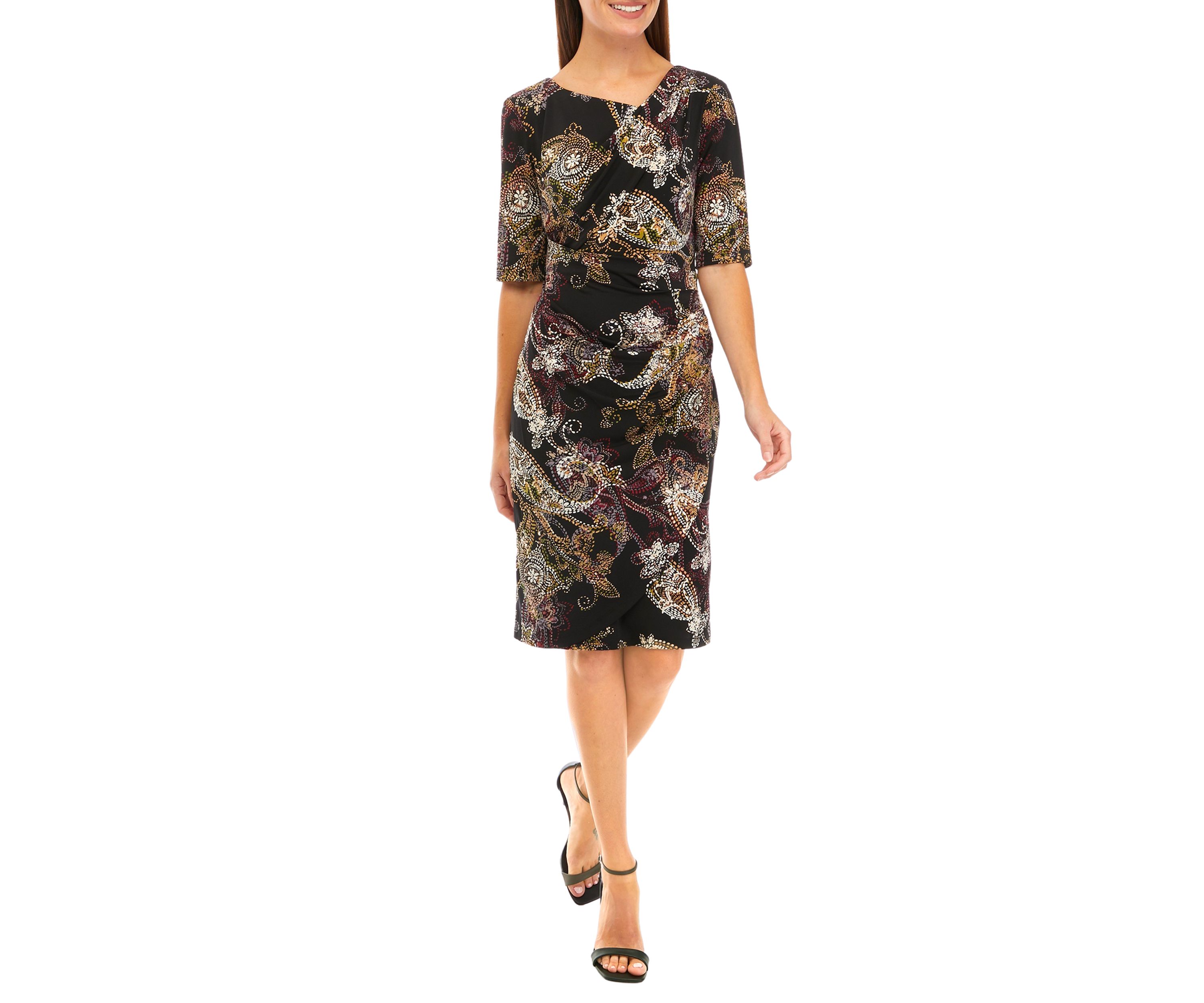 Womens Elbow Sleeve Asymmetrical Neck Paisley Print Dress