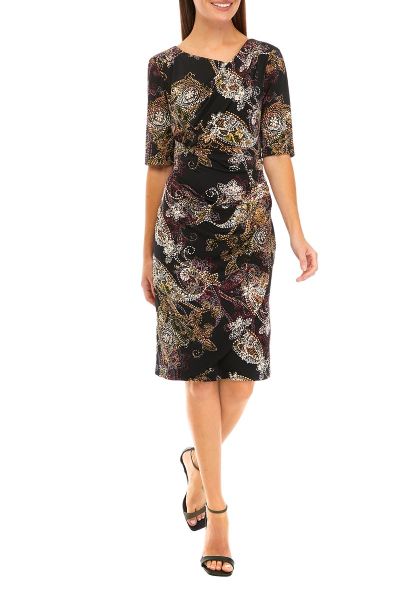 Womens Elbow Sleeve Asymmetrical Neck Paisley Print Dress