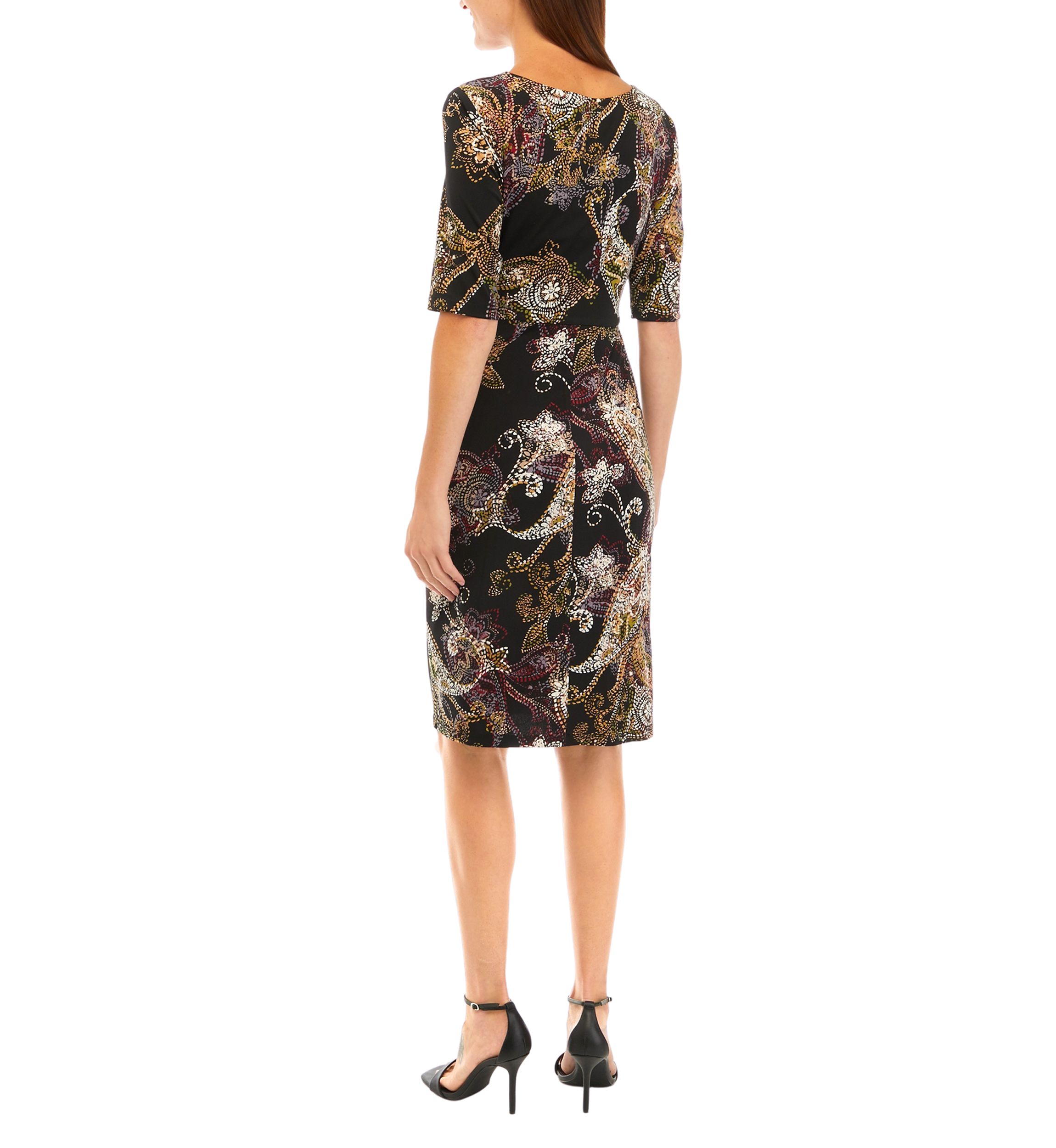 Womens Elbow Sleeve Asymmetrical Neck Paisley Print Dress