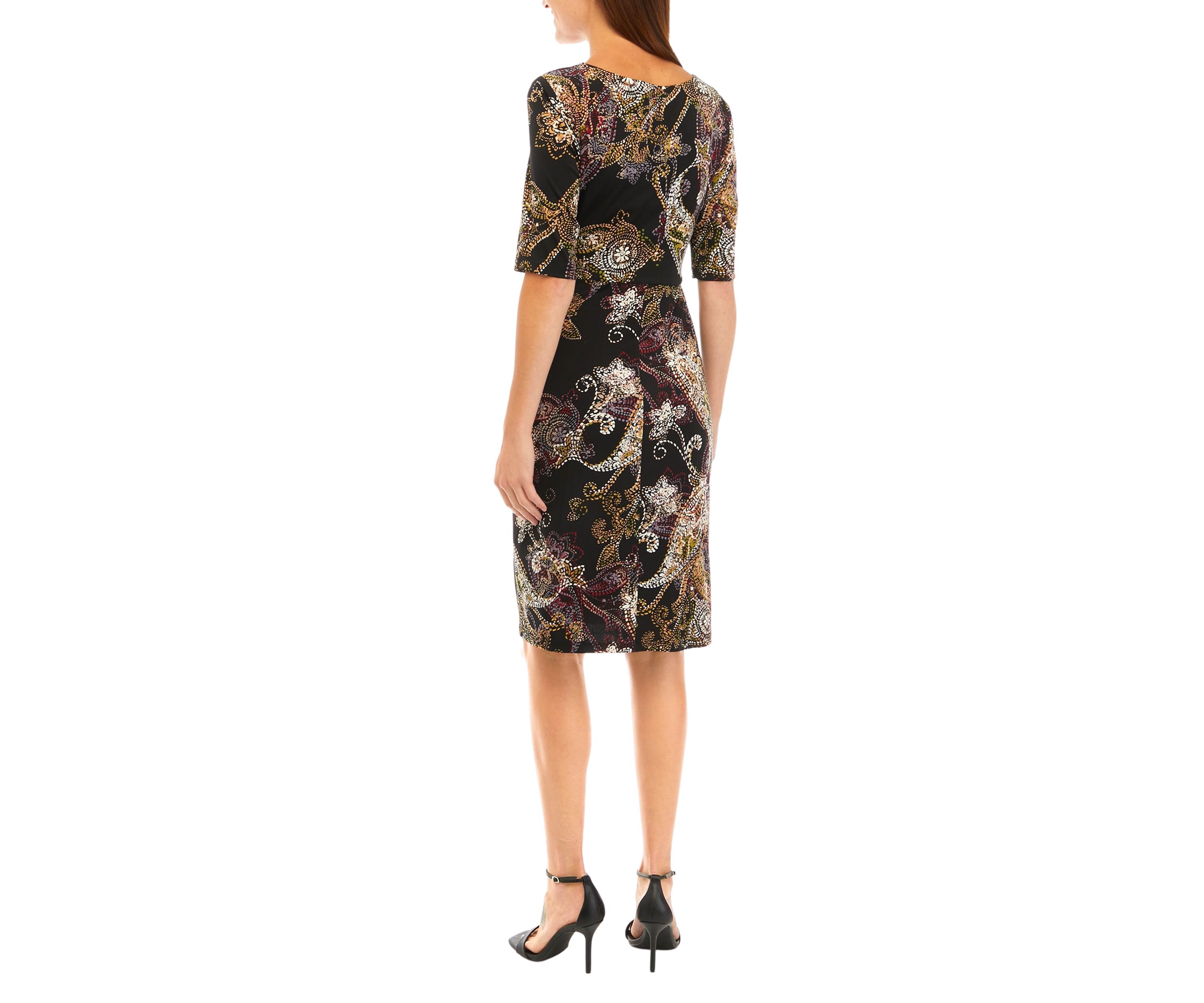 Womens Elbow Sleeve Asymmetrical Neck Paisley Print Dress