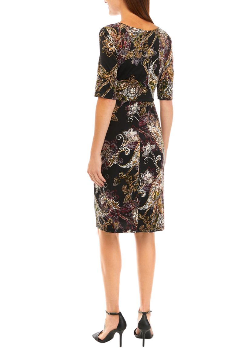 Womens Elbow Sleeve Asymmetrical Neck Paisley Print Dress