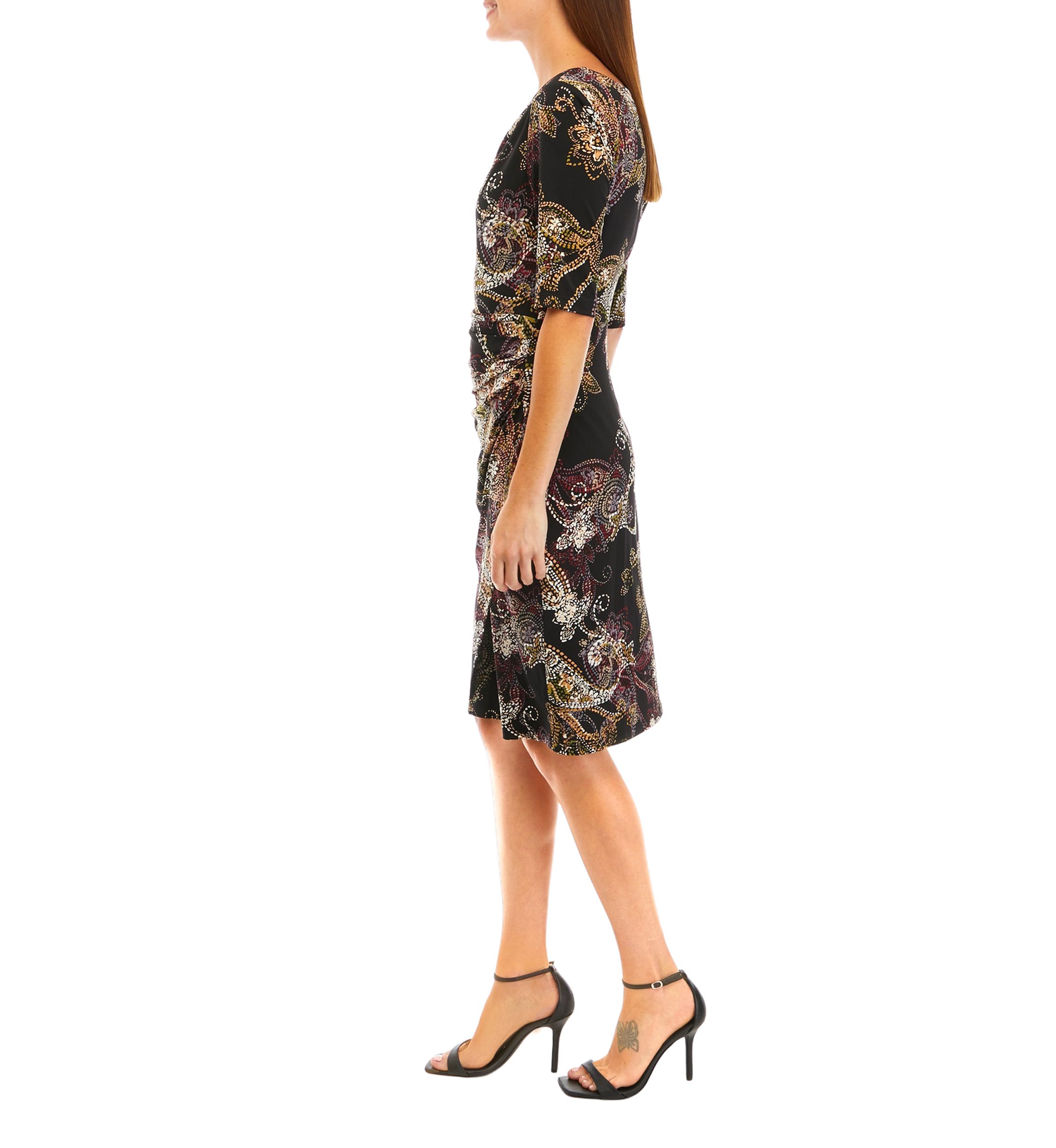 Womens Elbow Sleeve Asymmetrical Neck Paisley Print Dress
