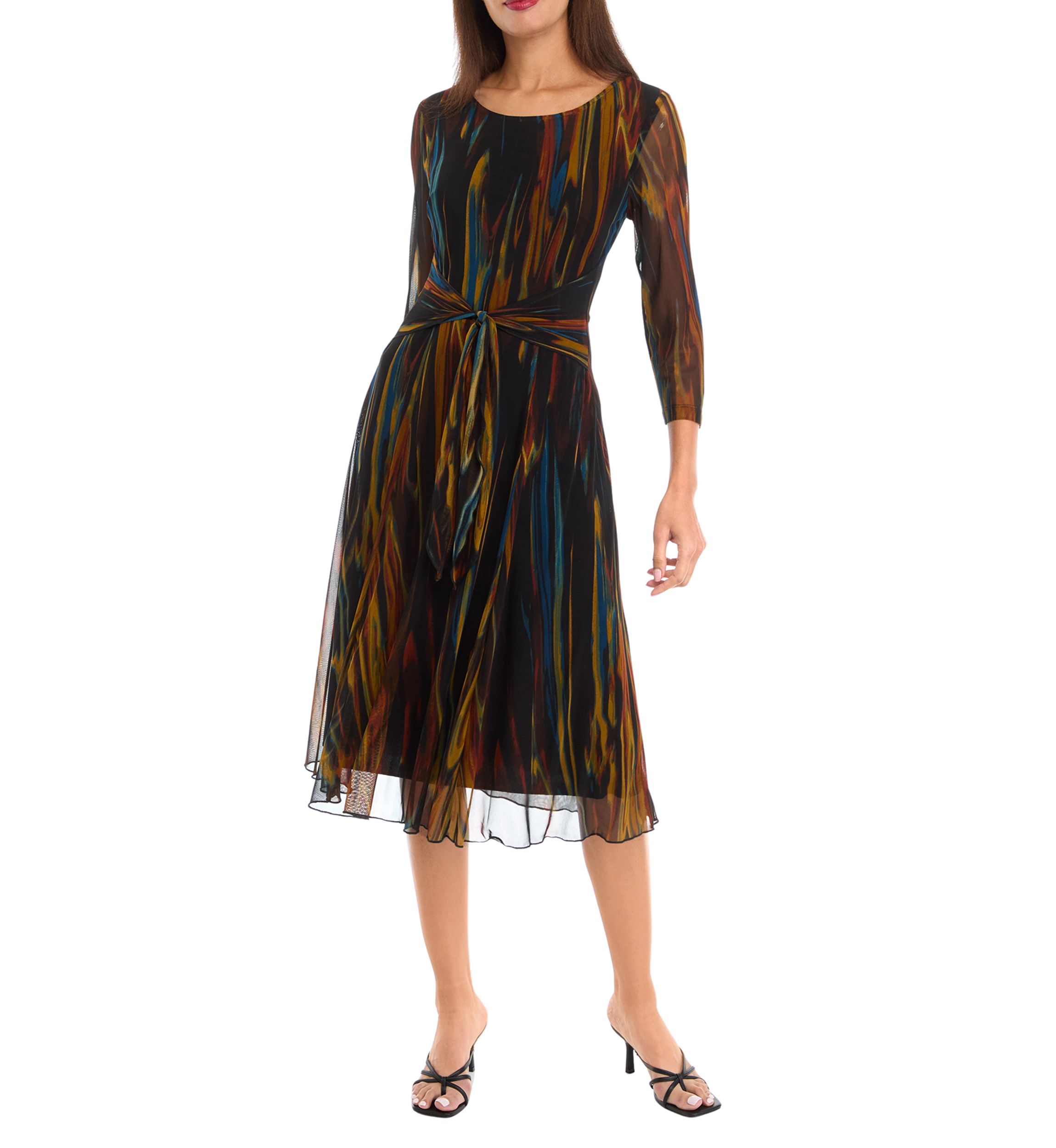 Womens 3/4 Sleeve Round Neck Line Print Tie Waist Mesh Fit and Flare Dress