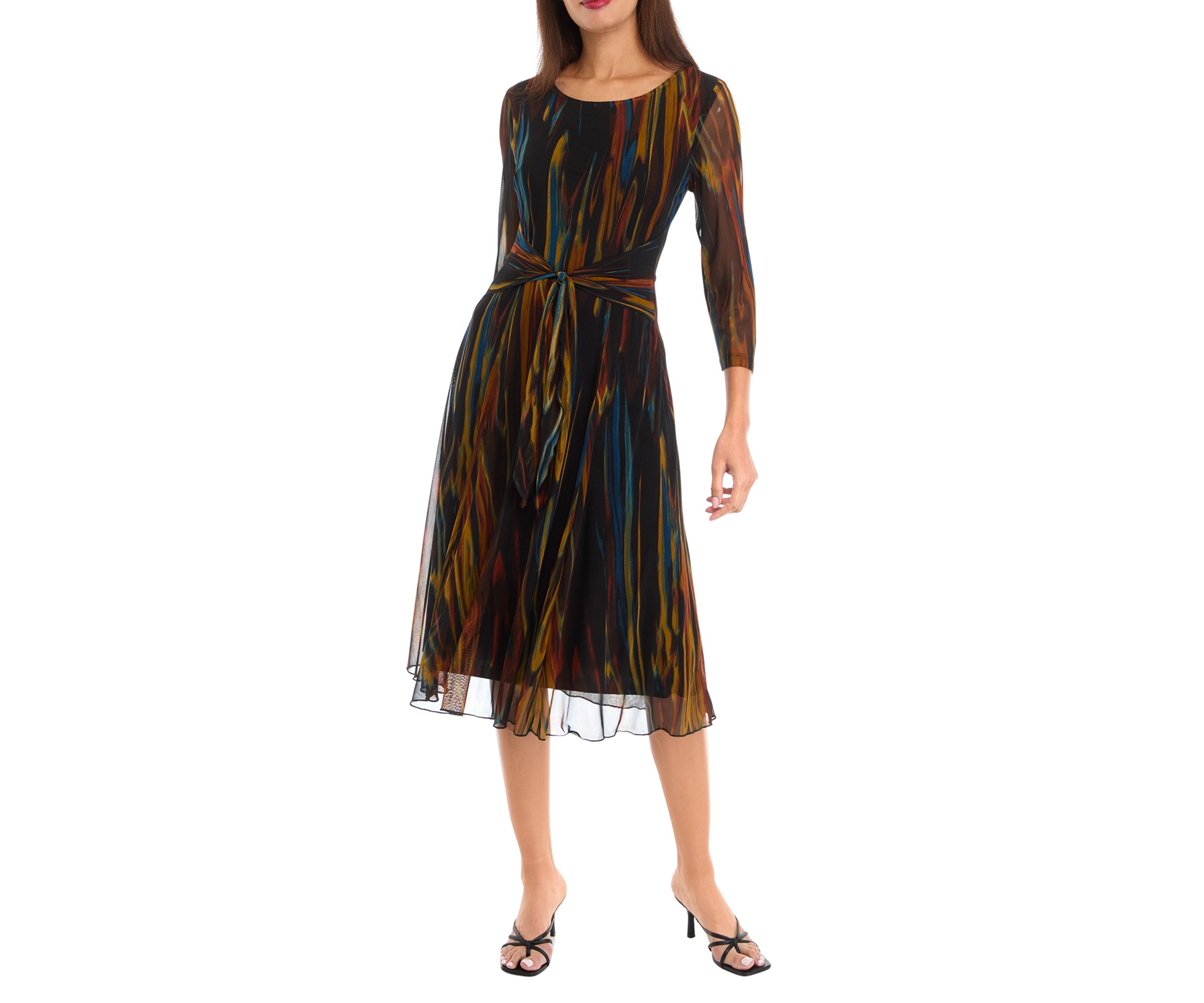 Womens 3/4 Sleeve Round Neck Line Print Tie Waist Mesh Fit and Flare Dress
