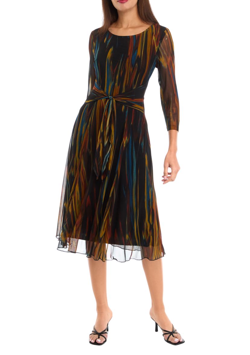 Womens 3/4 Sleeve Round Neck Line Print Tie Waist Mesh Fit and Flare Dress