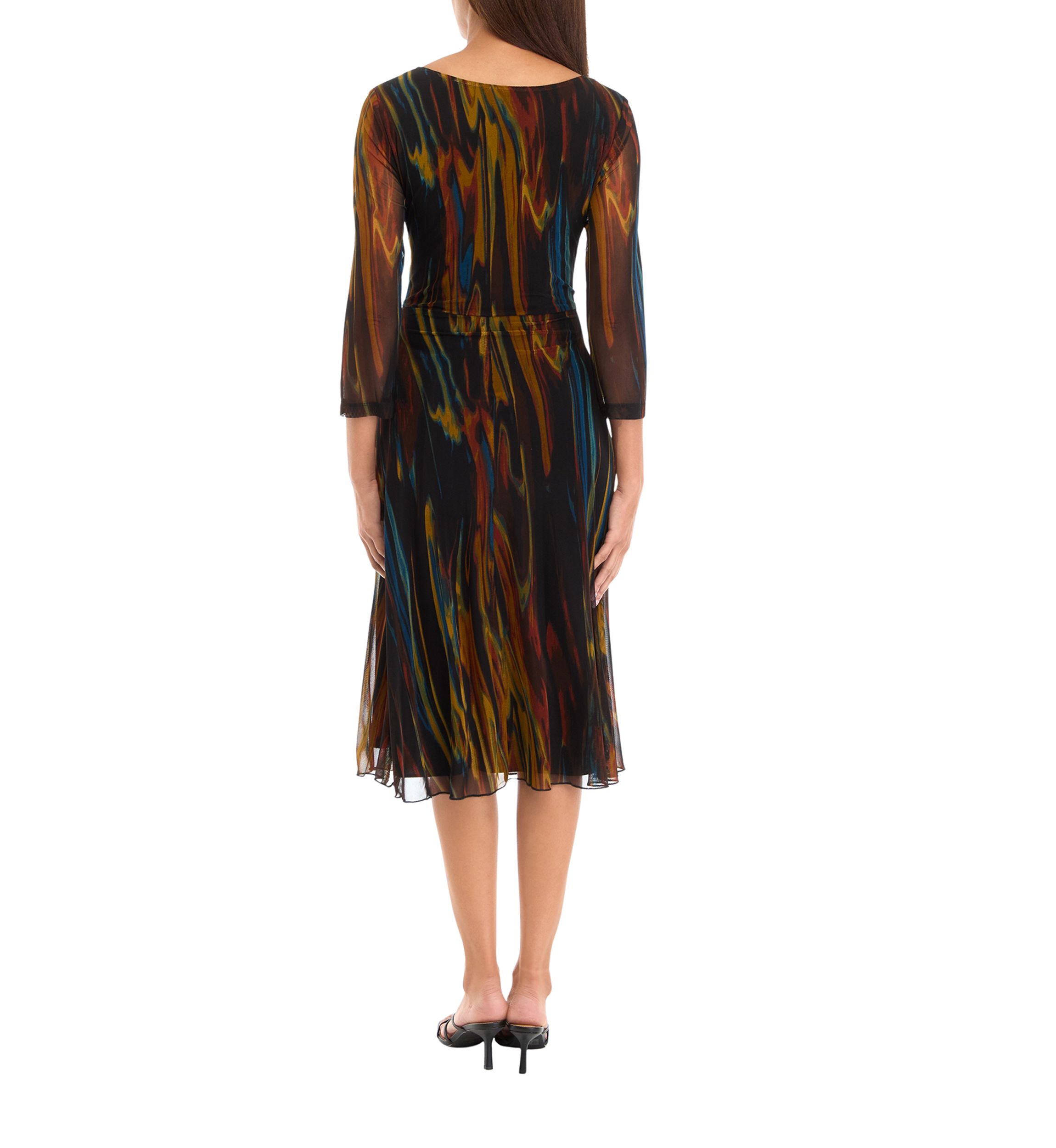 Womens 3/4 Sleeve Round Neck Line Print Tie Waist Mesh Fit and Flare Dress