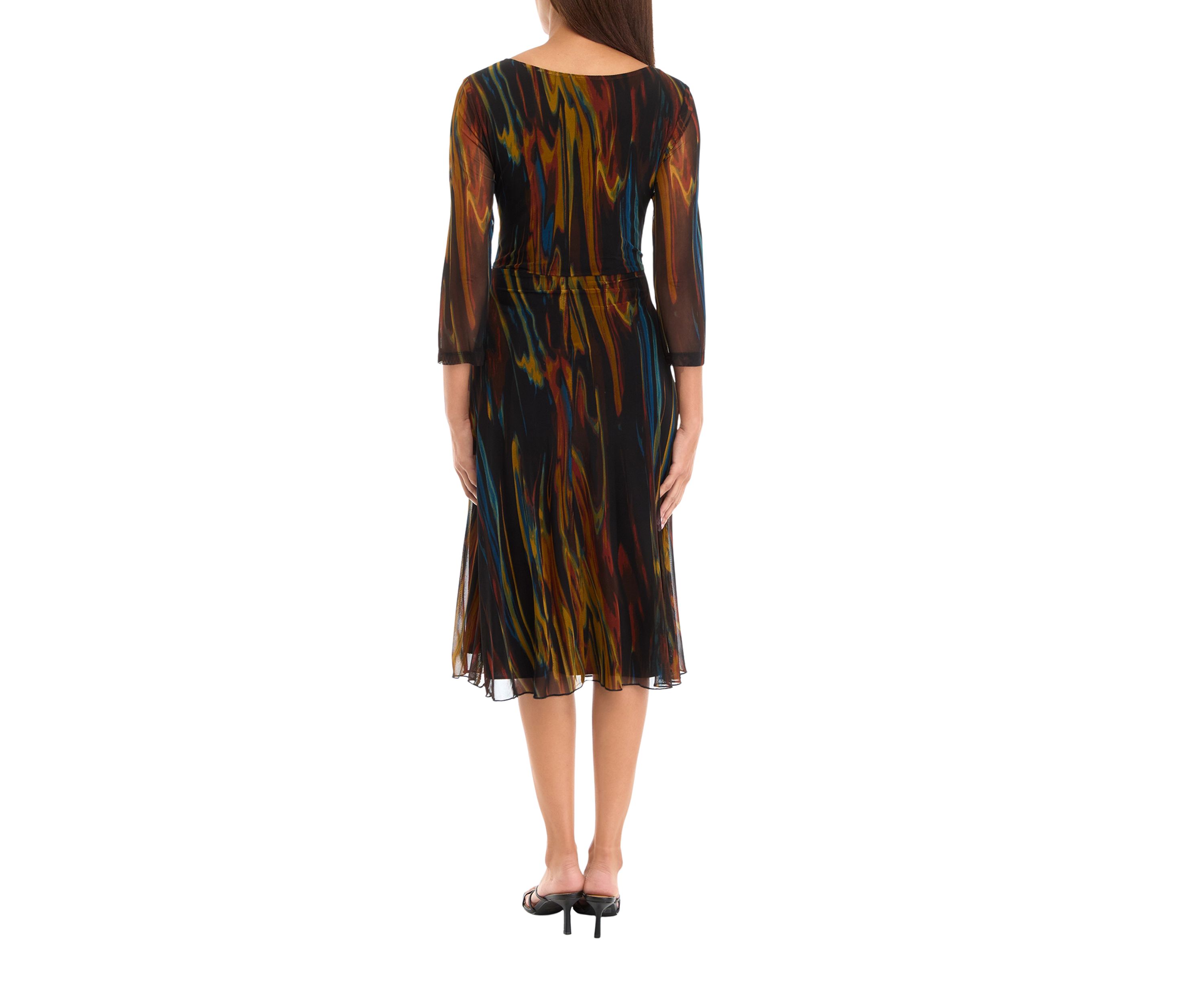 Womens 3/4 Sleeve Round Neck Line Print Tie Waist Mesh Fit and Flare Dress