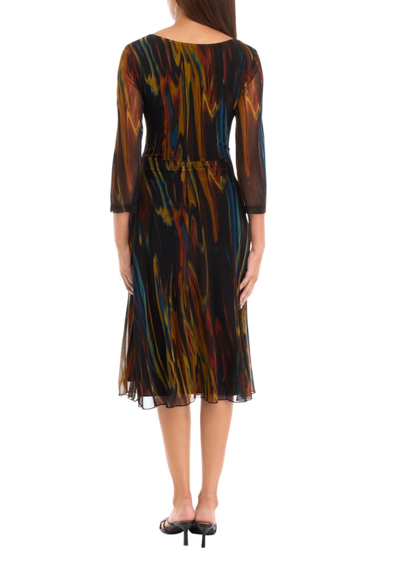 Womens 3/4 Sleeve Round Neck Line Print Tie Waist Mesh Fit and Flare Dress