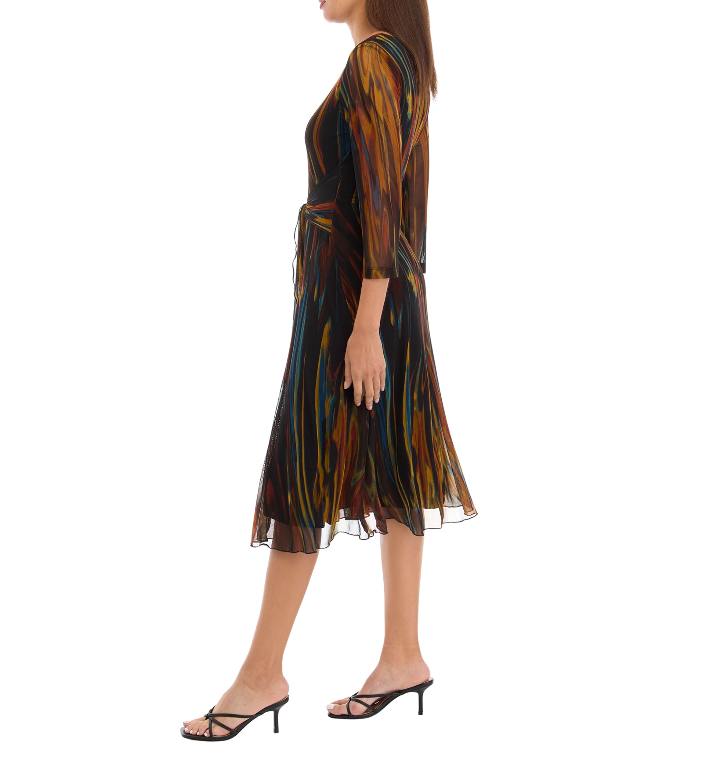 Womens 3/4 Sleeve Round Neck Line Print Tie Waist Mesh Fit and Flare Dress