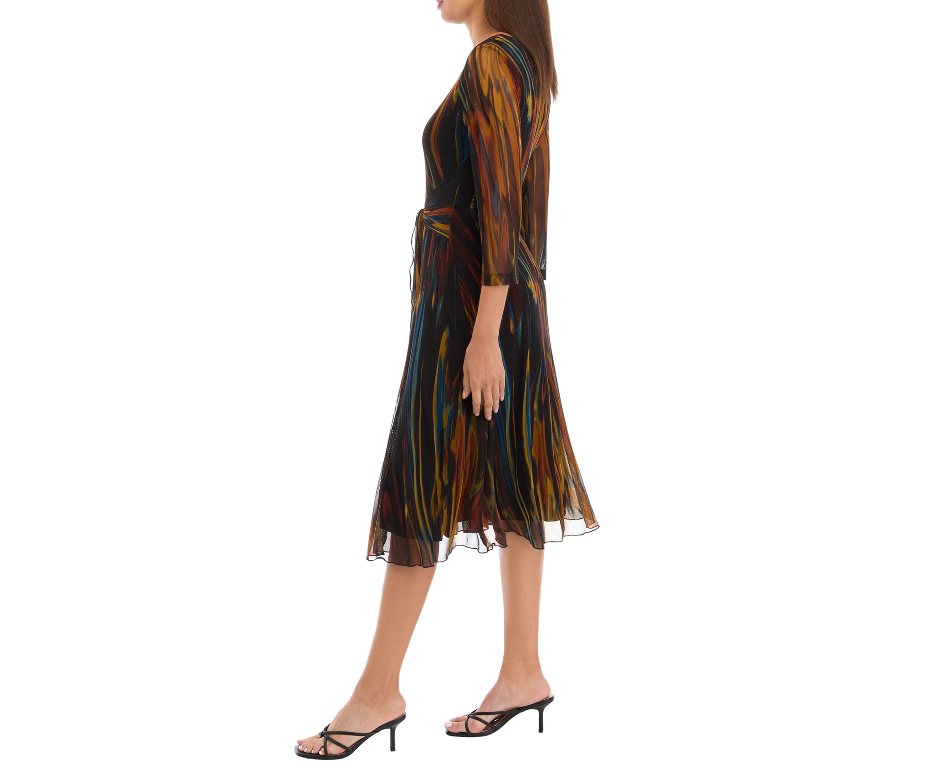 Womens 3/4 Sleeve Round Neck Line Print Tie Waist Mesh Fit and Flare Dress