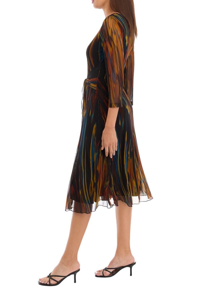Womens 3/4 Sleeve Round Neck Line Print Tie Waist Mesh Fit and Flare Dress