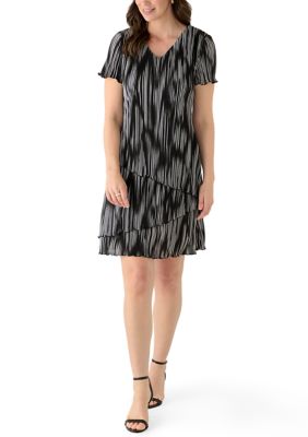 Connected Apparel Women's Short Sleeve Printed Bodre A-Line Dress