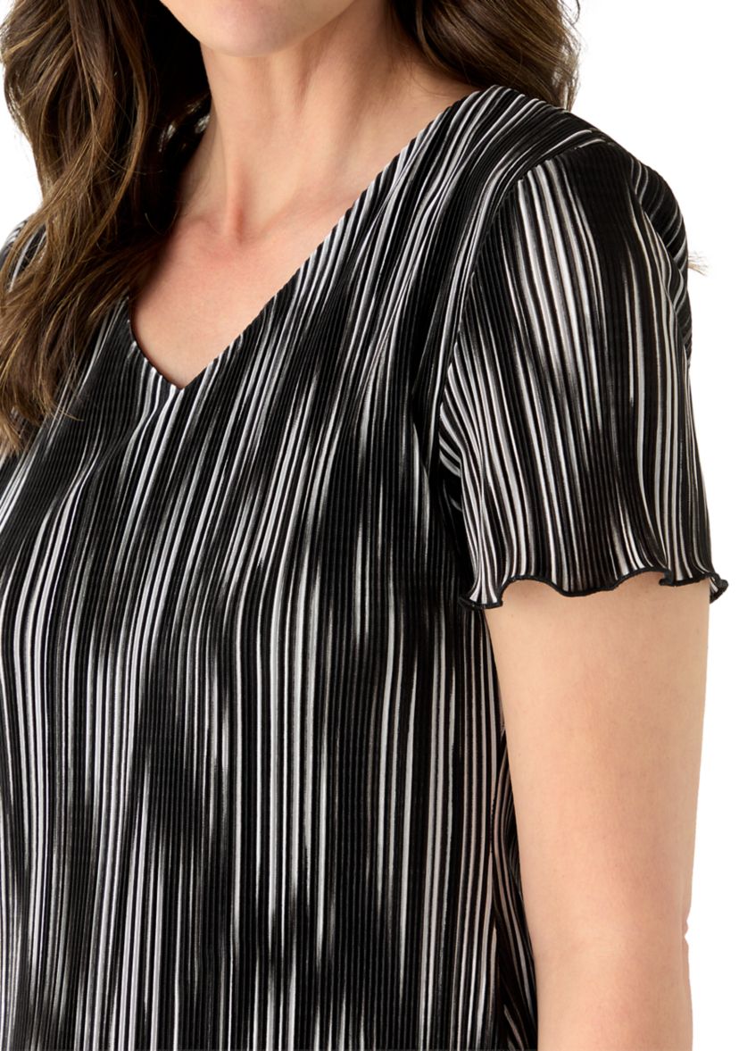 Connected Apparel Women's Short Sleeve Printed Bodre A-Line Dress, Black, 8