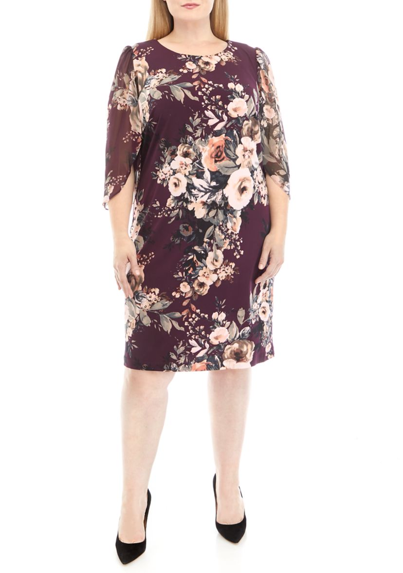 Plus Size 3/4 Chiffon Sleeve Floral Print Sheath Dress