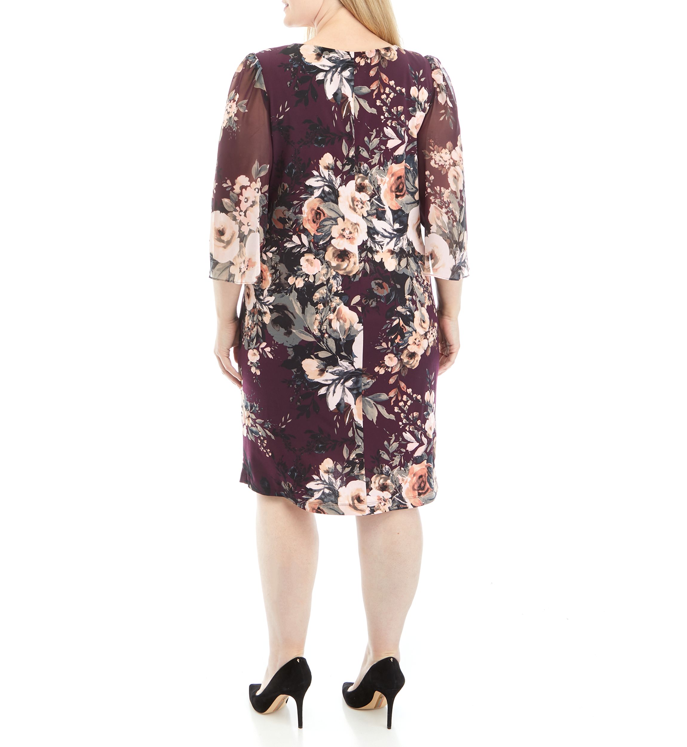 Plus Size 3/4 Chiffon Sleeve Floral Print Sheath Dress