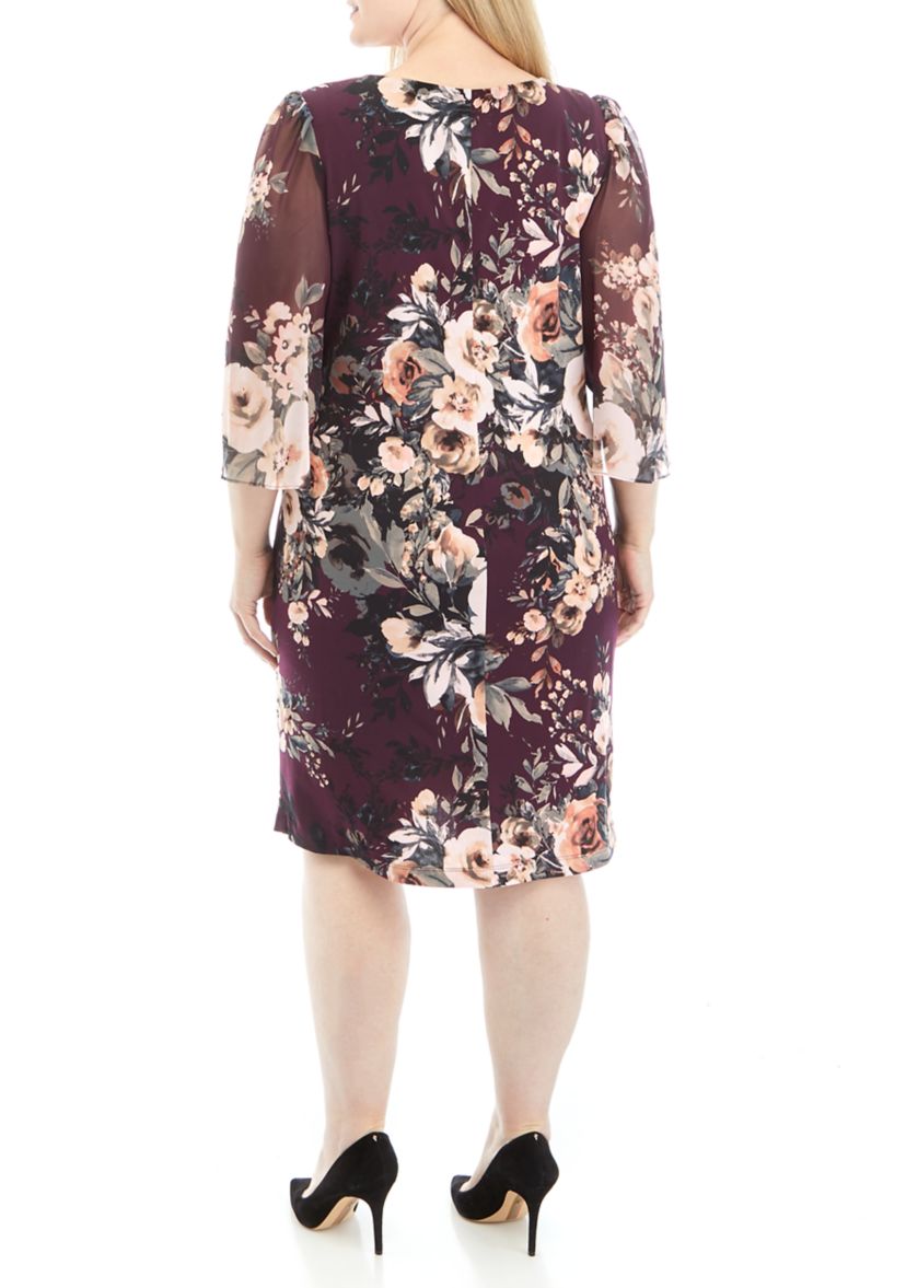 Plus Size 3/4 Chiffon Sleeve Floral Print Sheath Dress