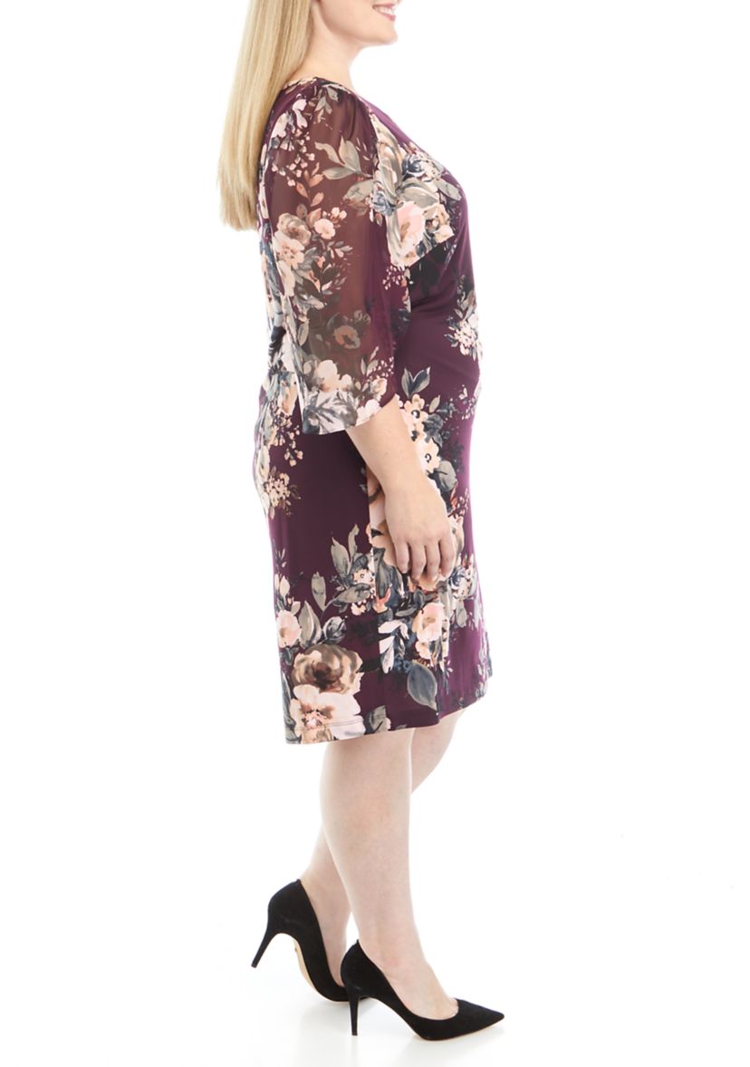 Plus Size 3/4 Chiffon Sleeve Floral Print Sheath Dress