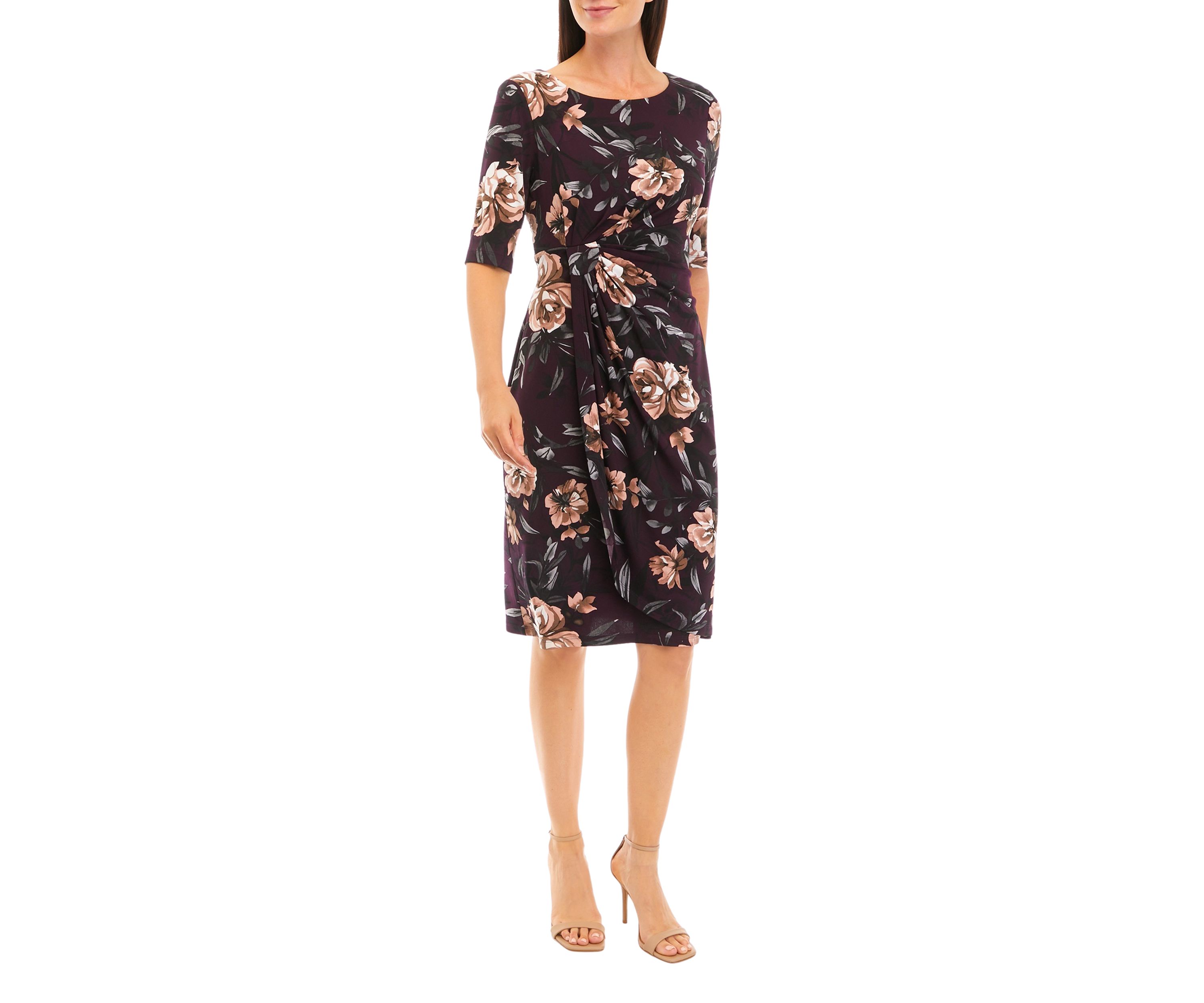 Womens Elbow Sleeve Floral Print Shift Dress