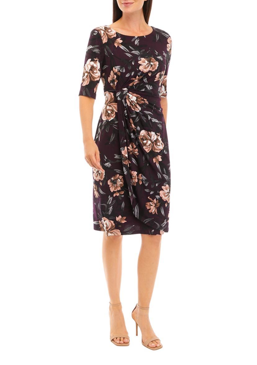 Womens Elbow Sleeve Floral Print Shift Dress