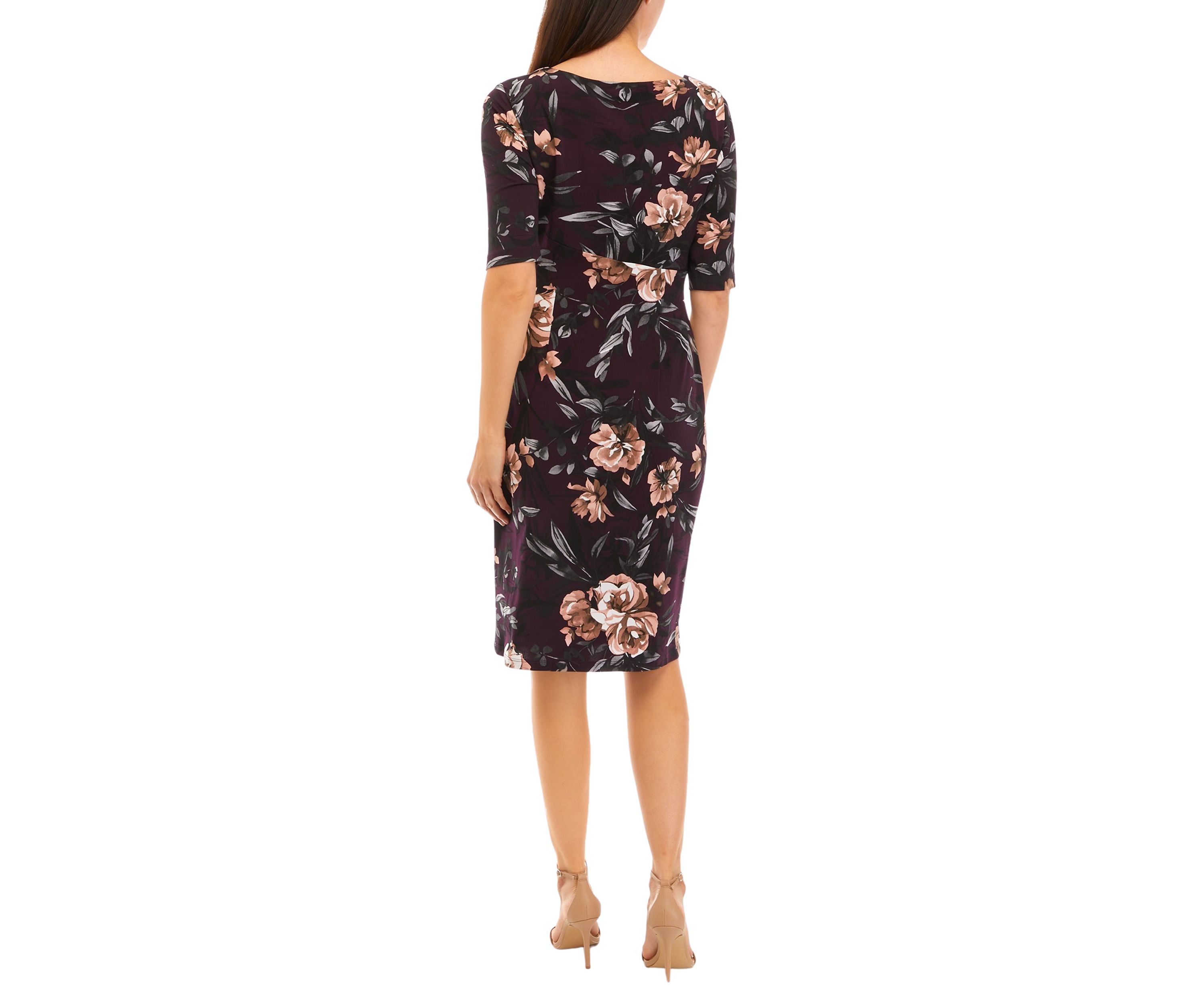Womens Elbow Sleeve Floral Print Shift Dress