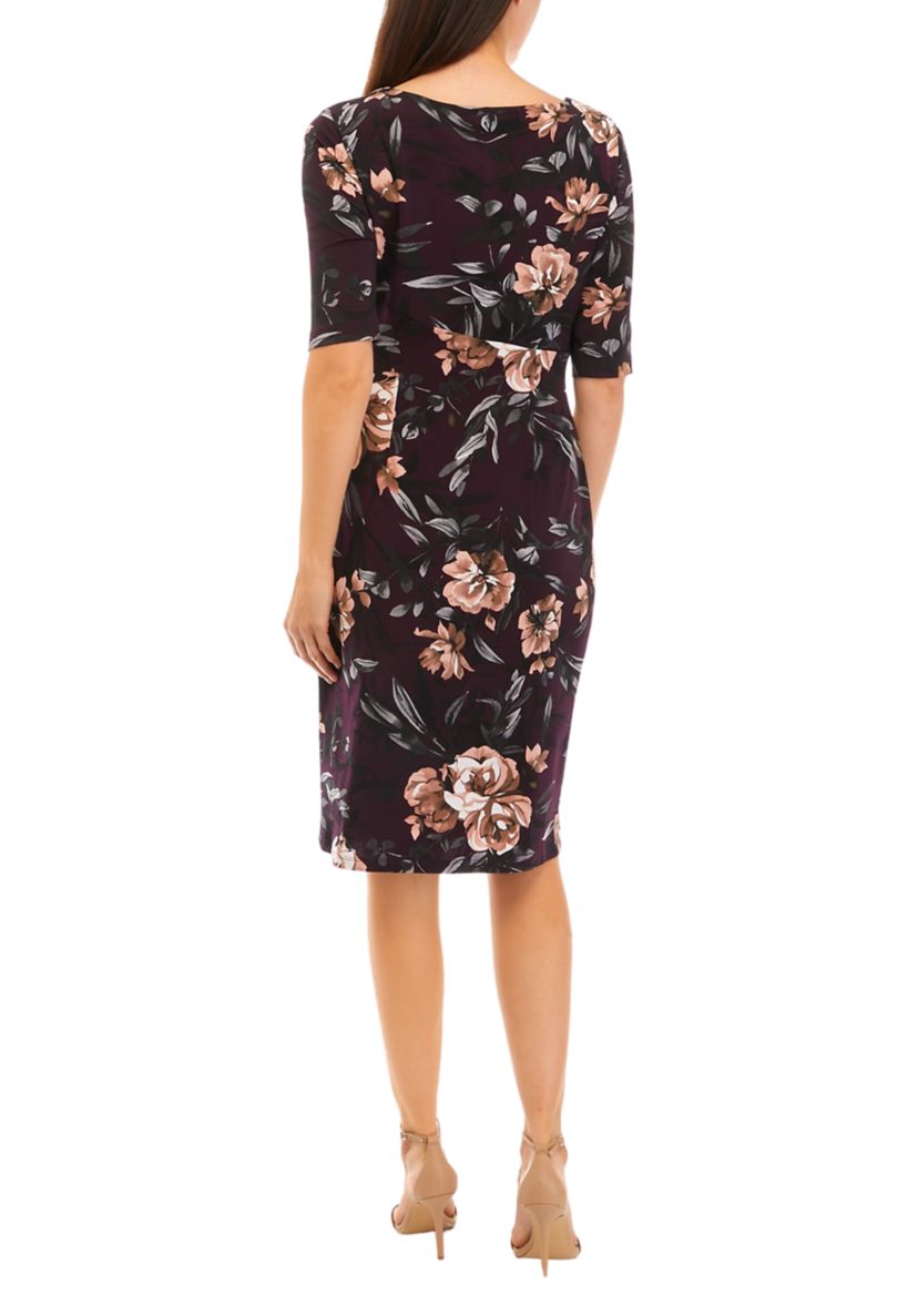 Womens Elbow Sleeve Floral Print Shift Dress