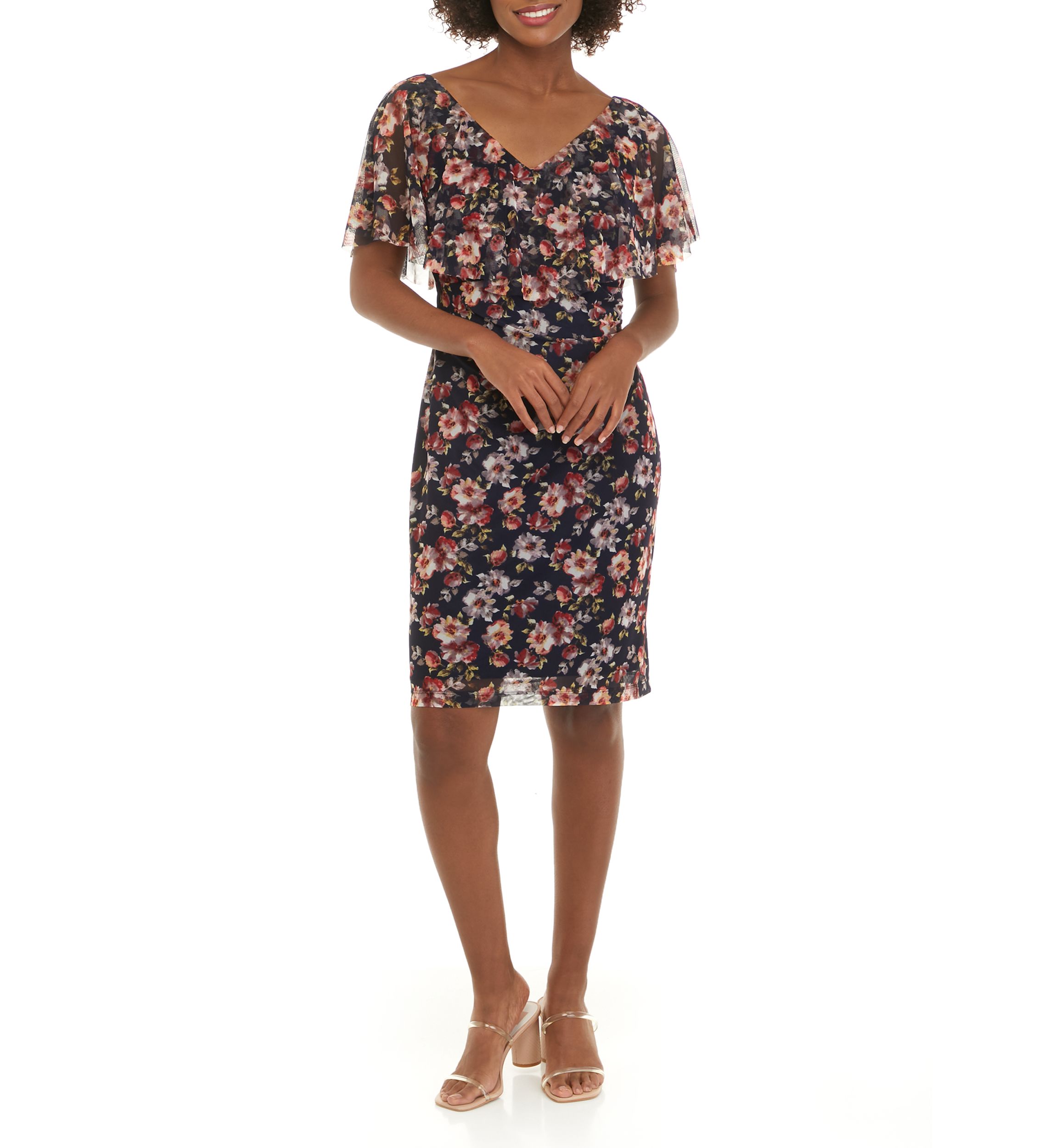 Womens V-Neck Floral Printed Mesh Cape Sheath Dress 