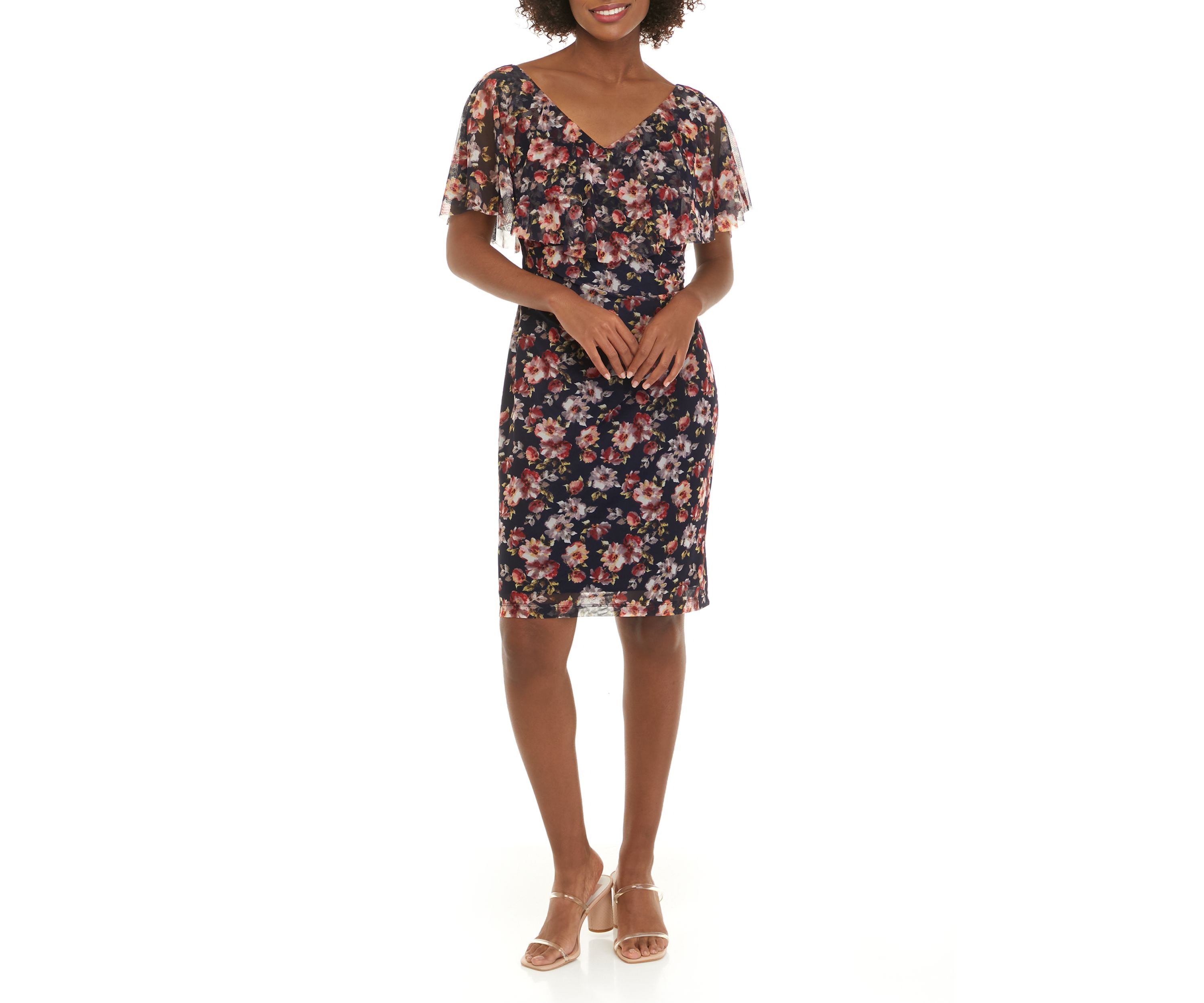 Womens V-Neck Floral Printed Mesh Cape Sheath Dress 
