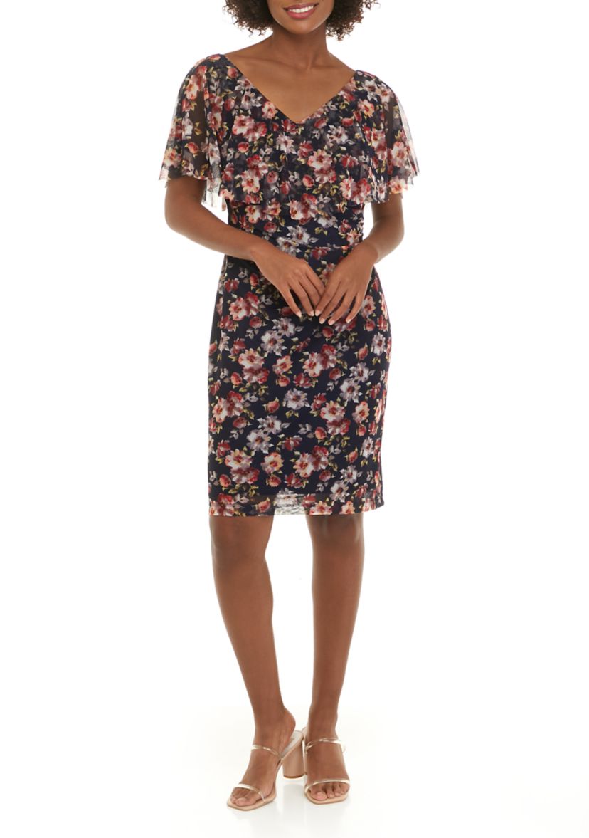 Womens V-Neck Floral Printed Mesh Cape Sheath Dress 