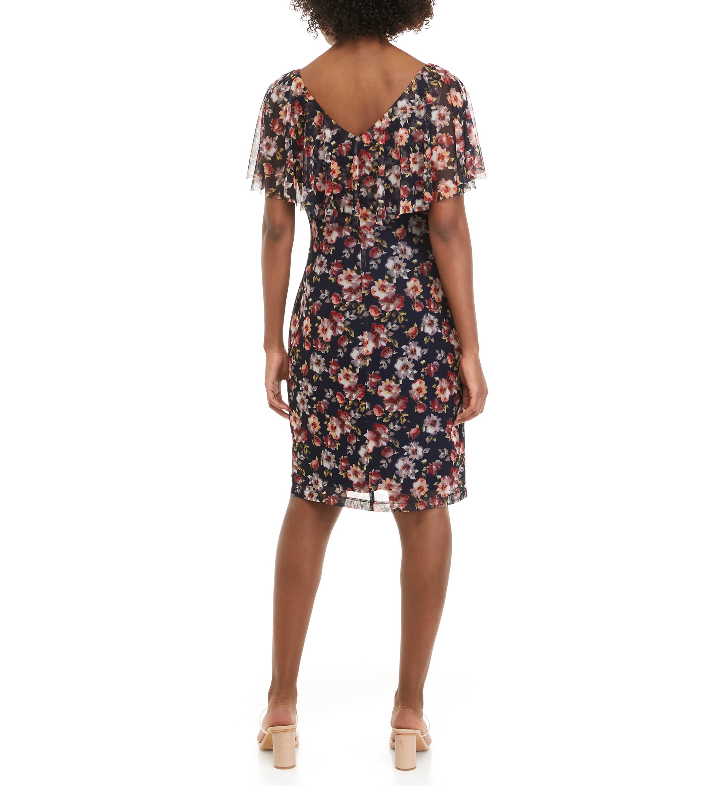 Womens V-Neck Floral Printed Mesh Cape Sheath Dress 