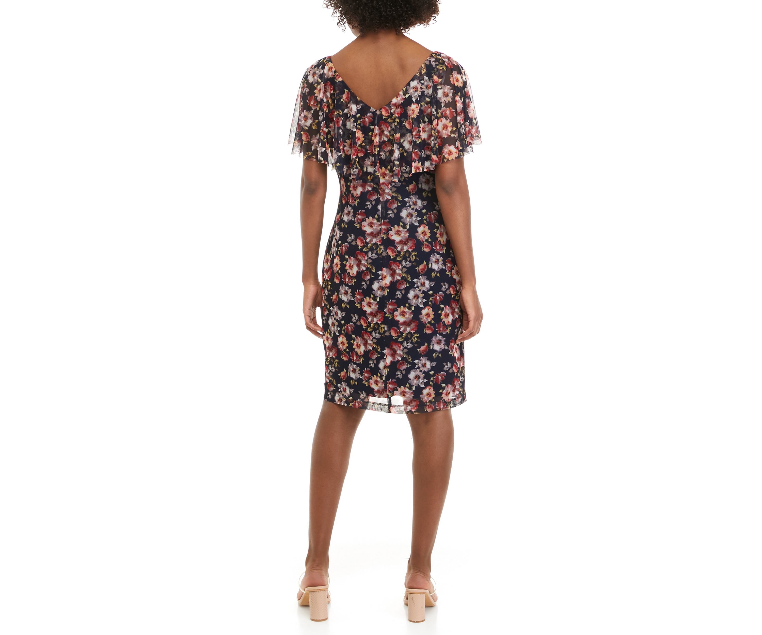 Womens V-Neck Floral Printed Mesh Cape Sheath Dress 