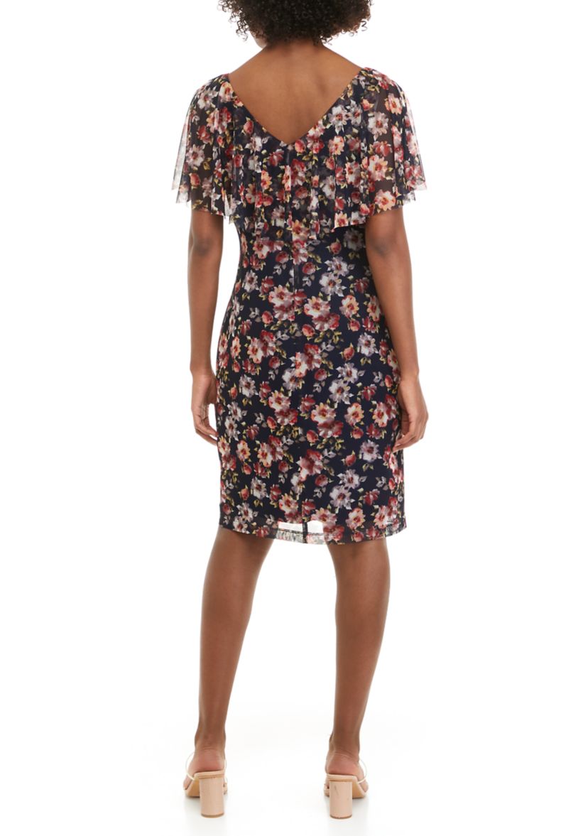 Womens V-Neck Floral Printed Mesh Cape Sheath Dress 