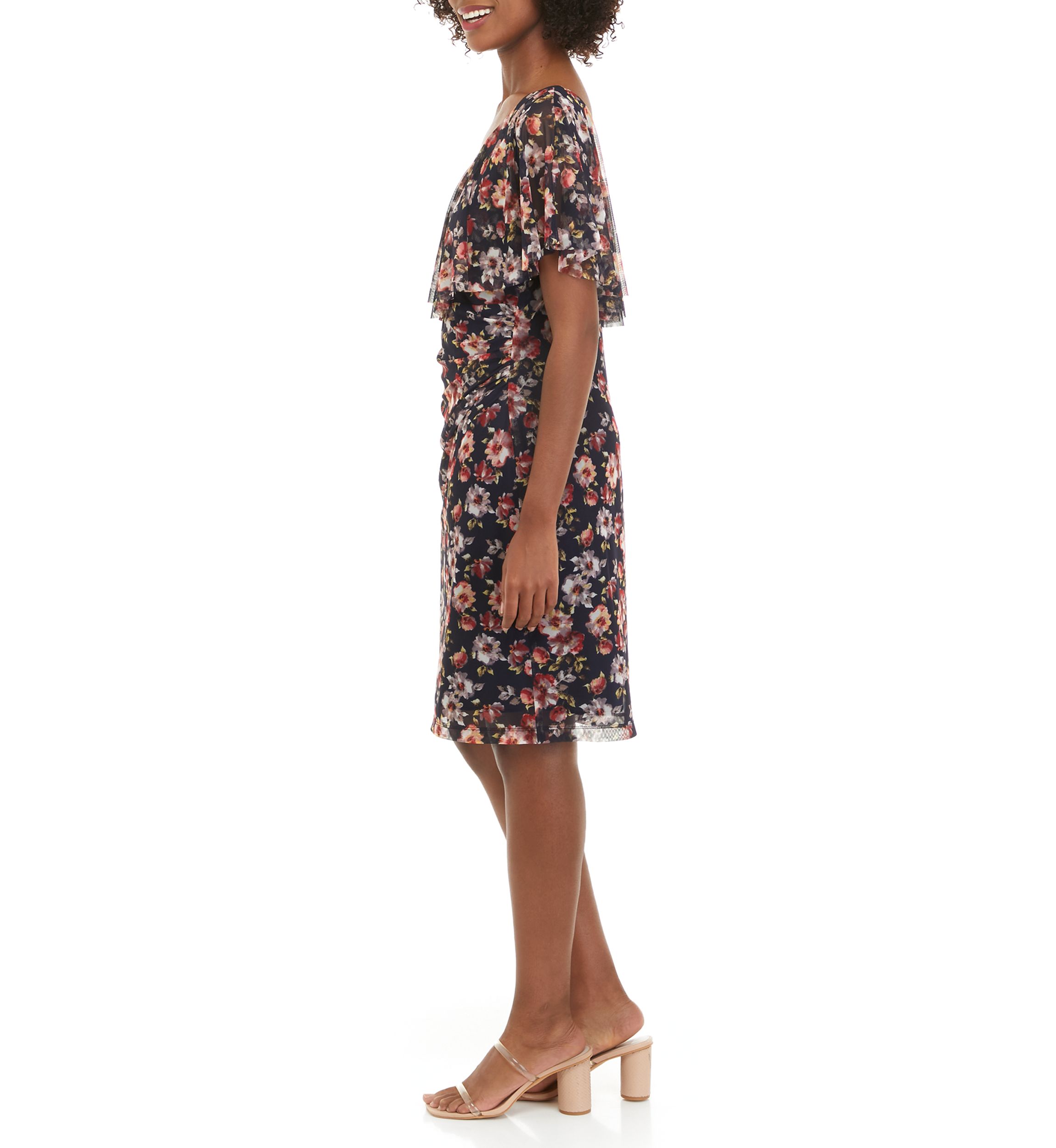 Womens V-Neck Floral Printed Mesh Cape Sheath Dress 
