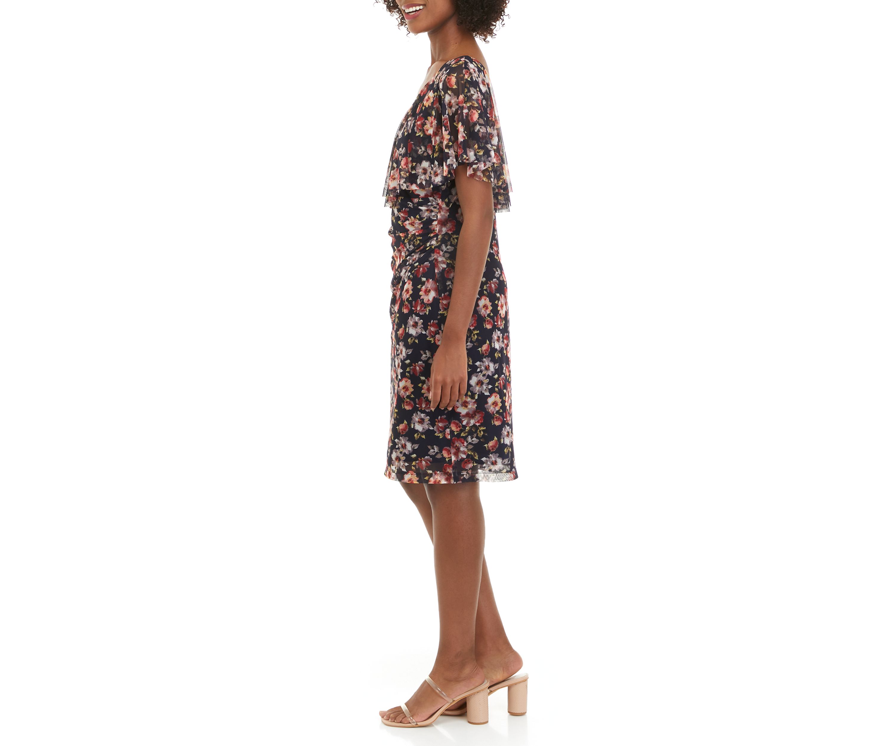 Womens V-Neck Floral Printed Mesh Cape Sheath Dress 