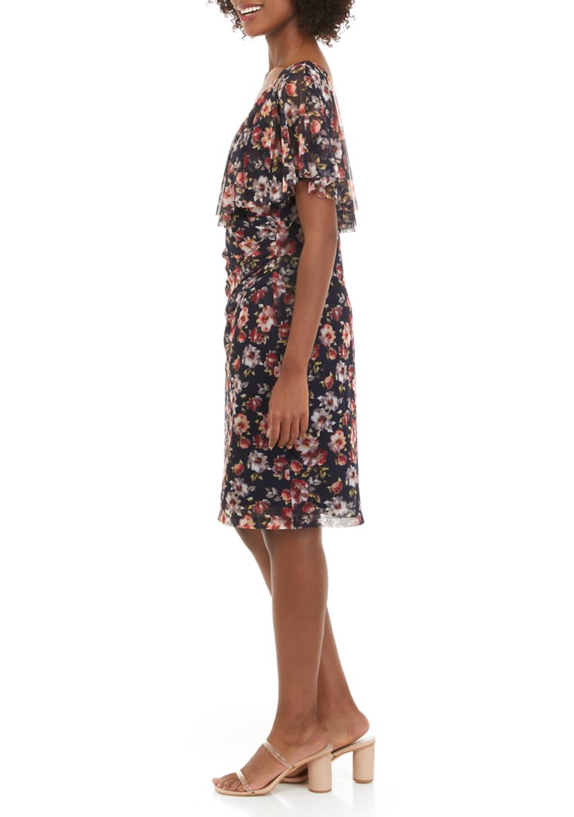 Womens V-Neck Floral Printed Mesh Cape Sheath Dress 
