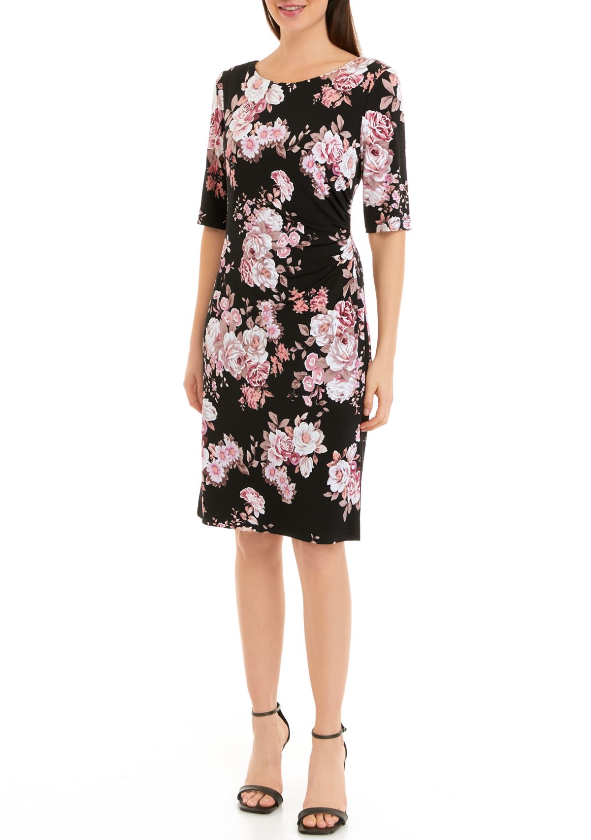 Womens 3/4 Sleeve Floral Printed Sheath Dress