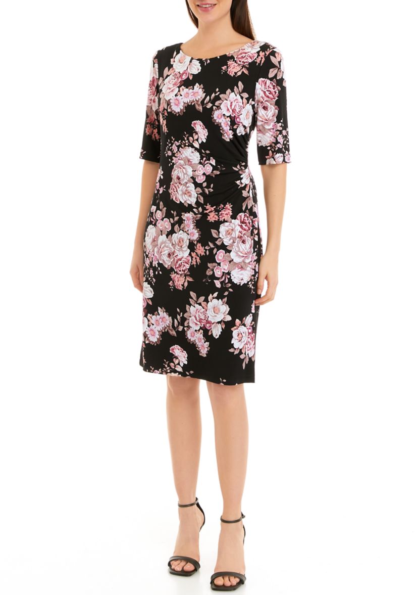 Womens 3/4 Sleeve Floral Printed Sheath Dress