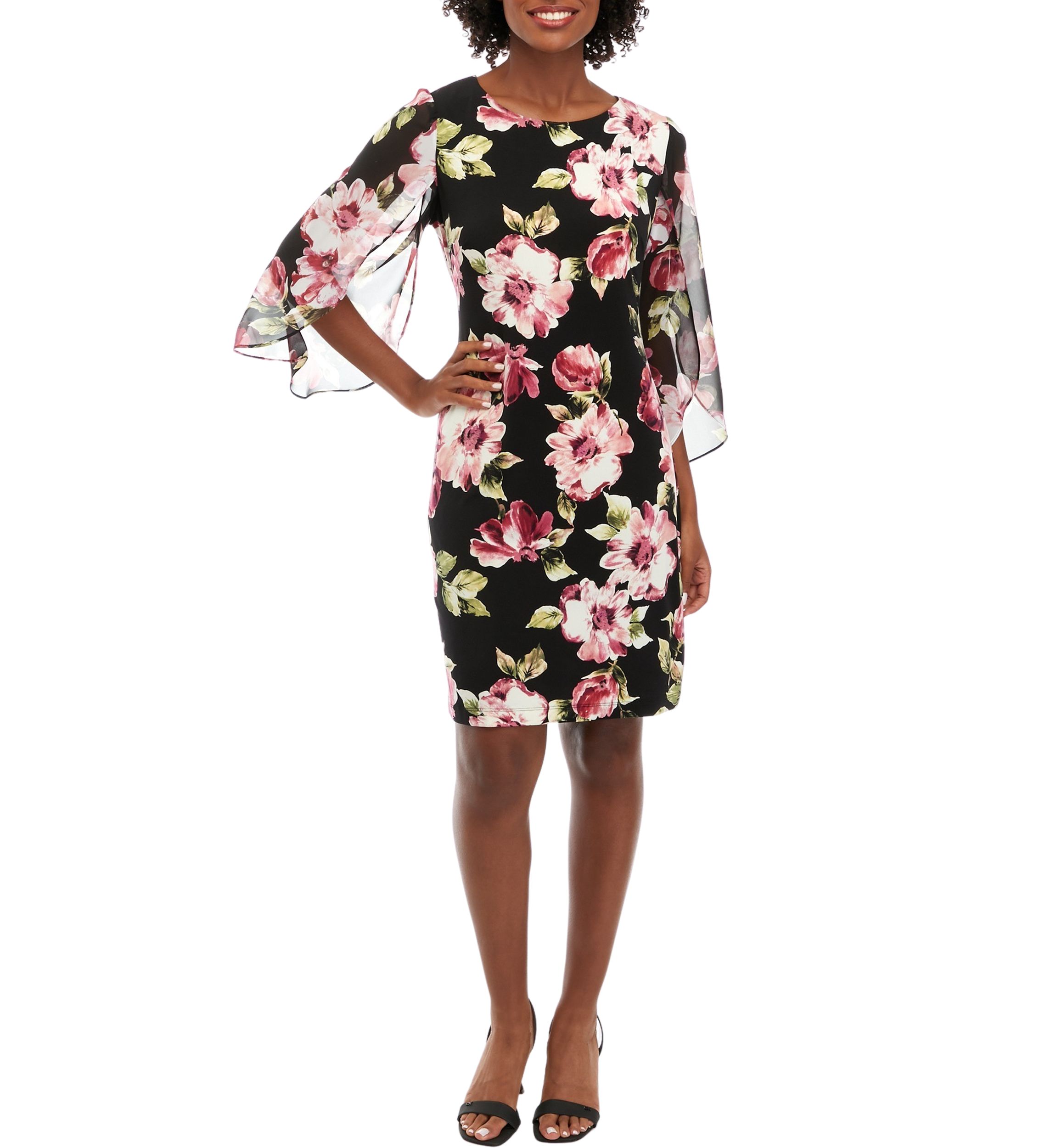 Womens Floral Printed Dress with Chiffon Sleeves