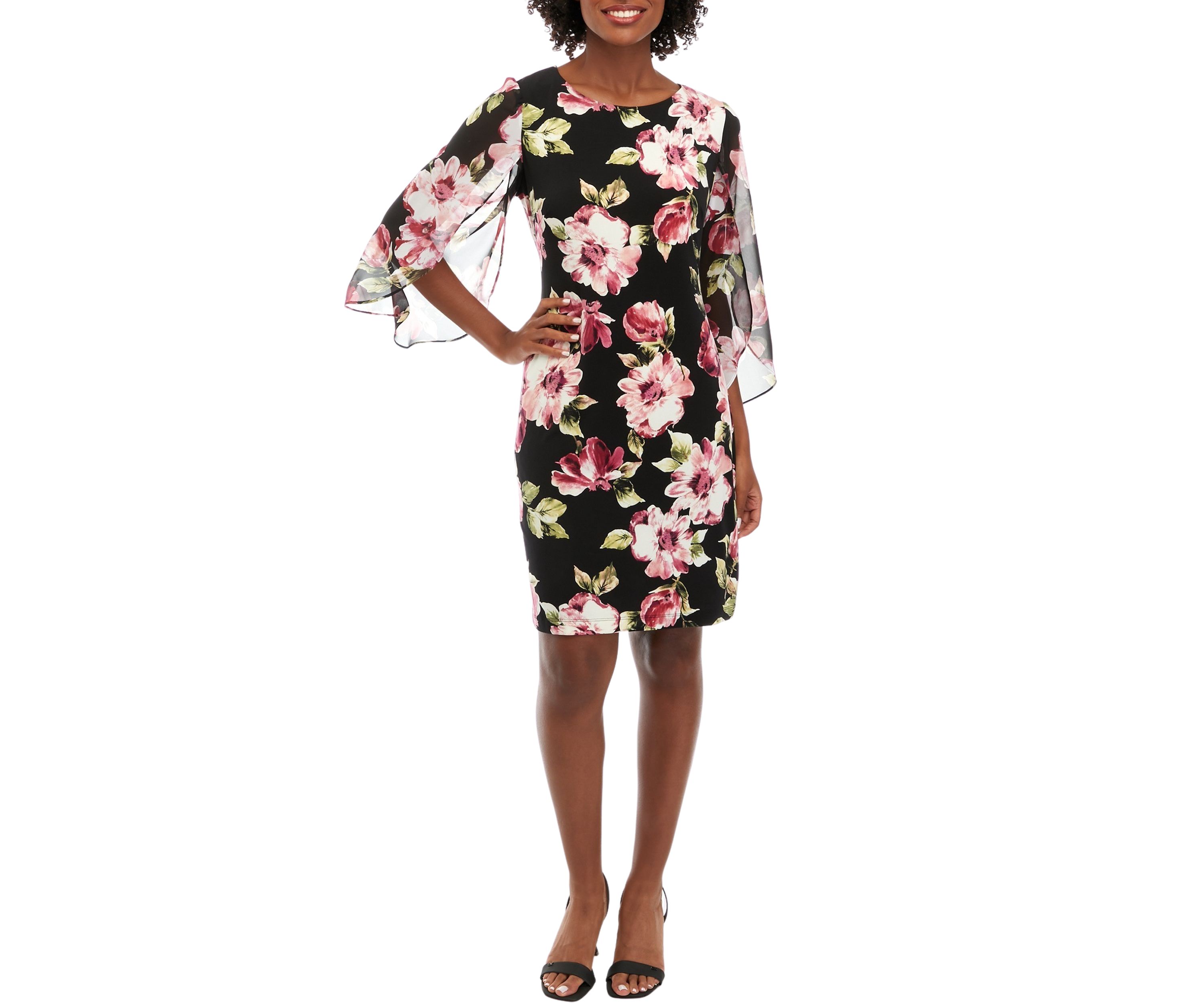 Womens Floral Printed Dress with Chiffon Sleeves