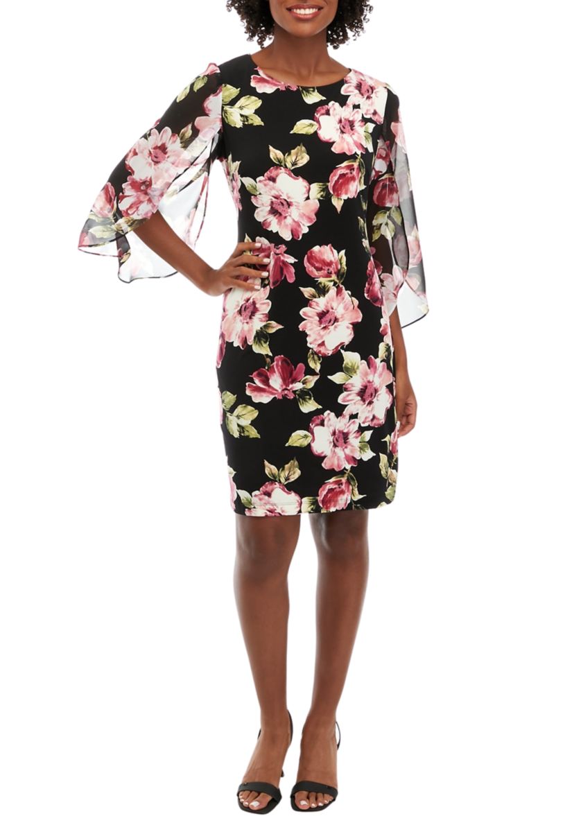 Womens Floral Printed Dress with Chiffon Sleeves