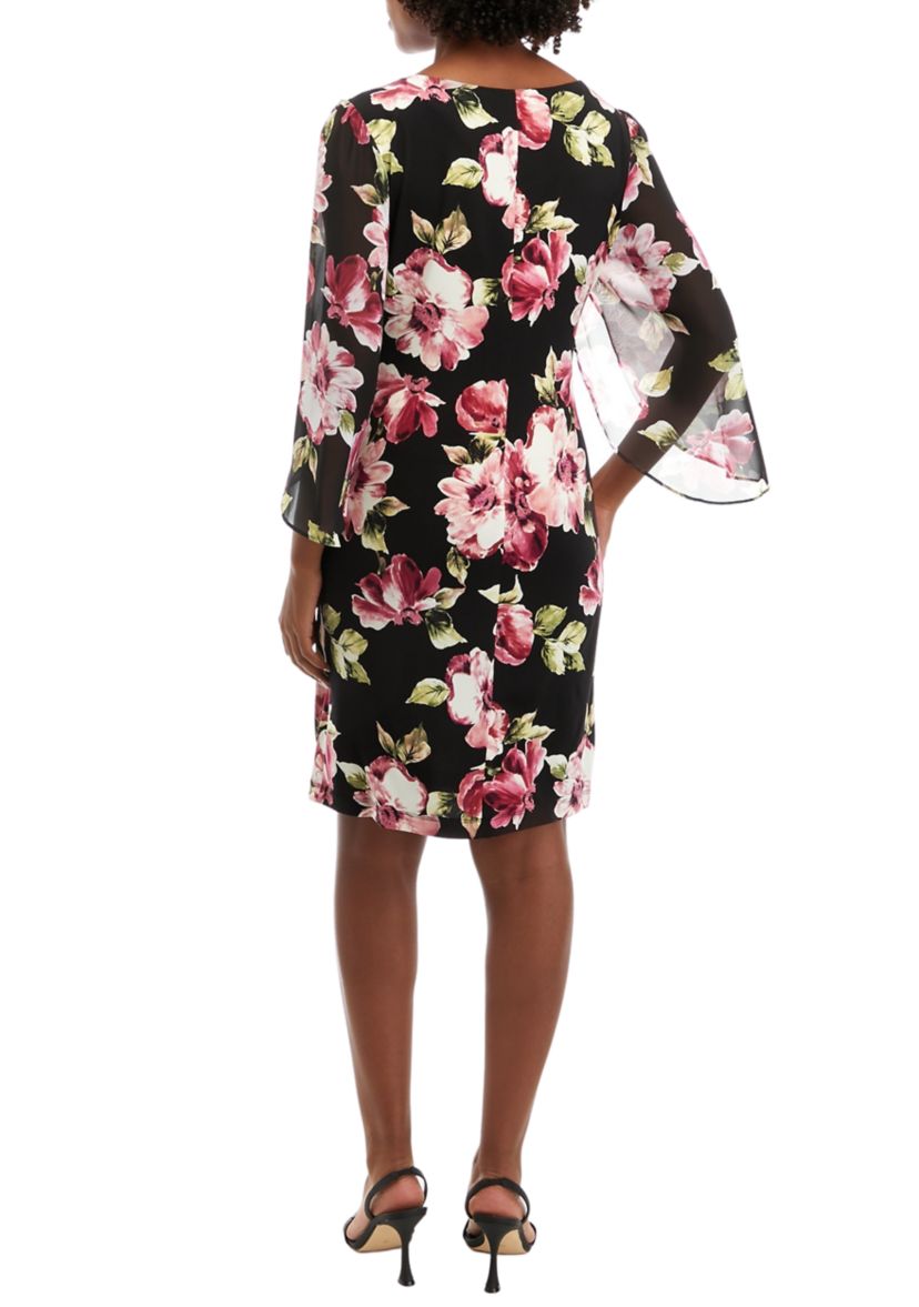 Womens Floral Printed Dress with Chiffon Sleeves
