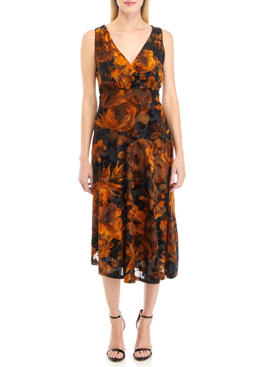 Womens Sleeveless Burnout Velvet Mesh Fit and Flare Dress
