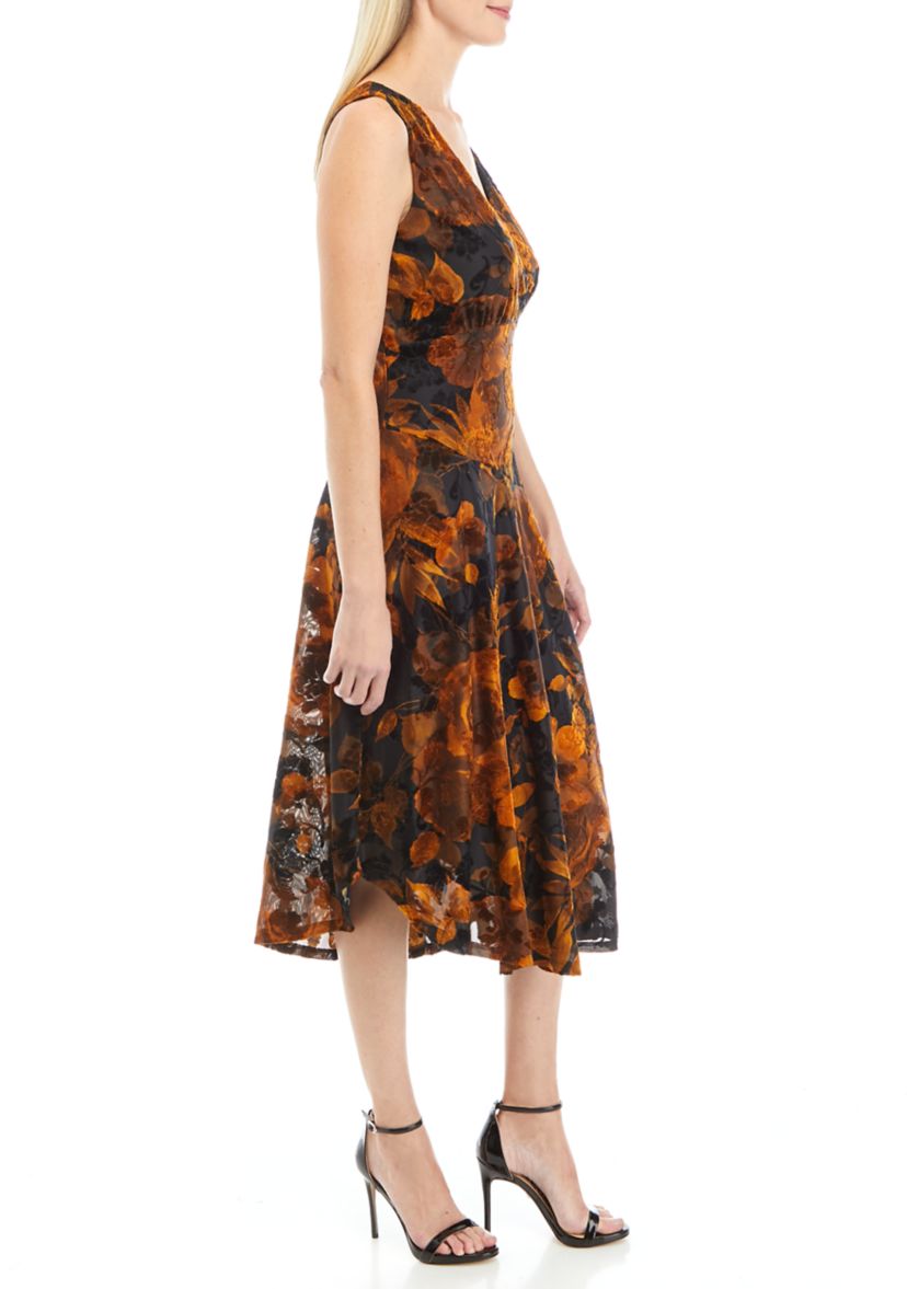 Womens Sleeveless Burnout Velvet Mesh Fit and Flare Dress