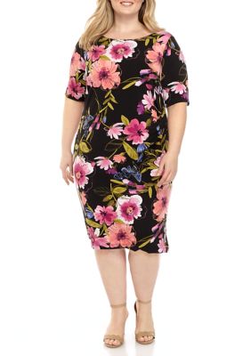 Connected Apparel Plus Size Elbow Sleeve Side Ruche Floral Dress | belk