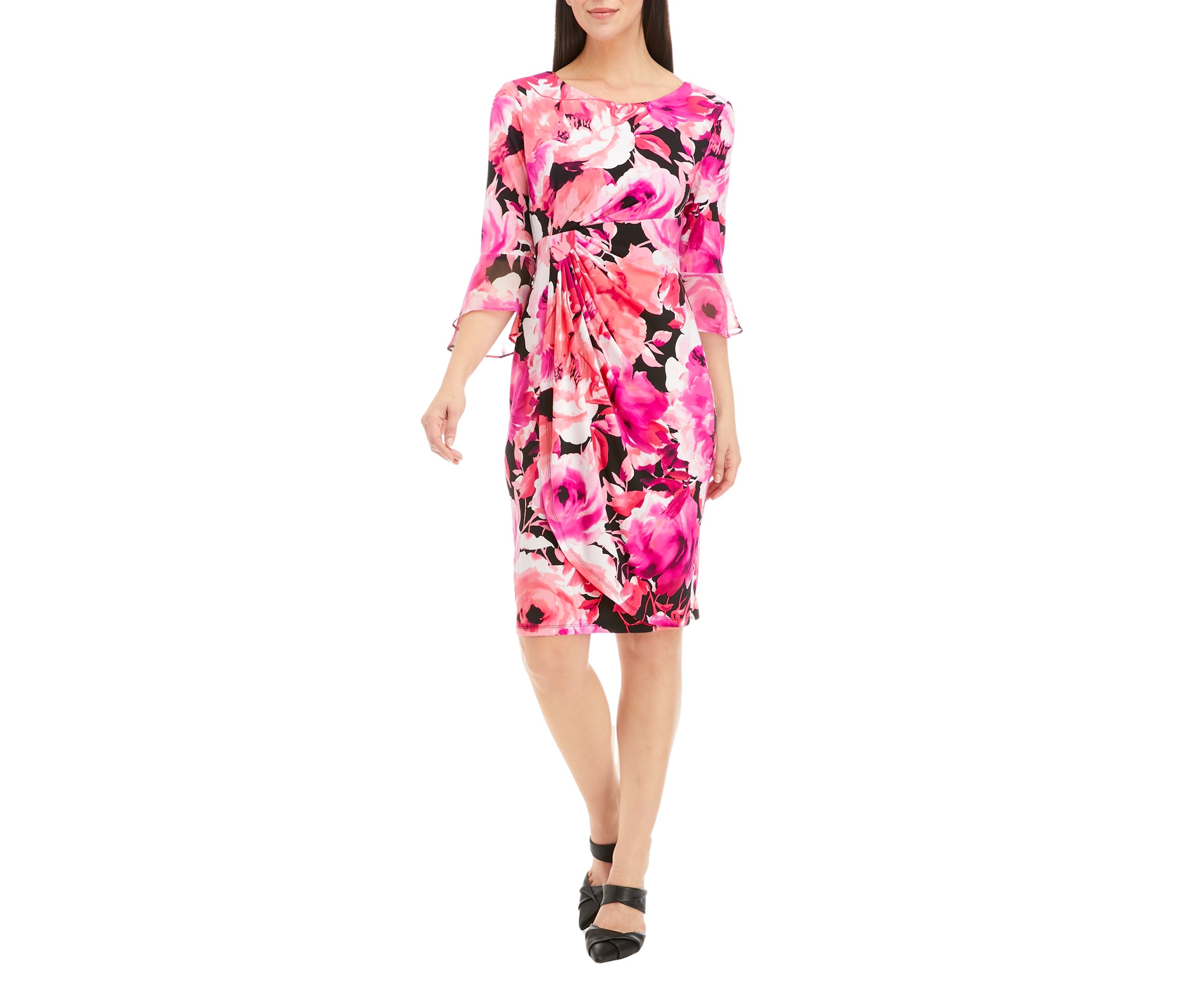 Womens Bell Sleeve Floral Sheath Dress
