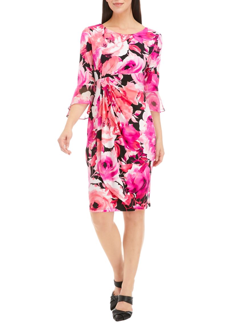 Womens Bell Sleeve Floral Sheath Dress