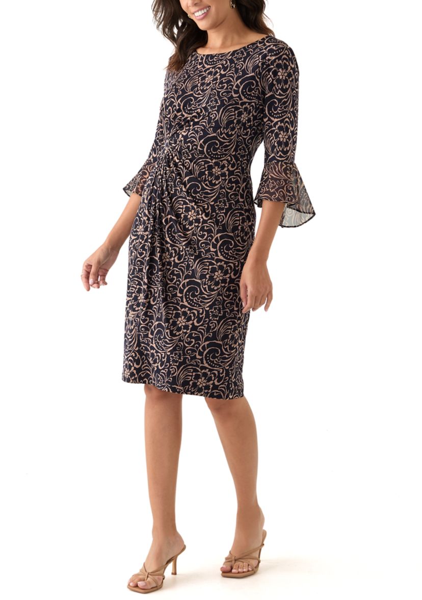 Womens 3/4 Sleeve Crew Neck Paisley Print A-Line Dress