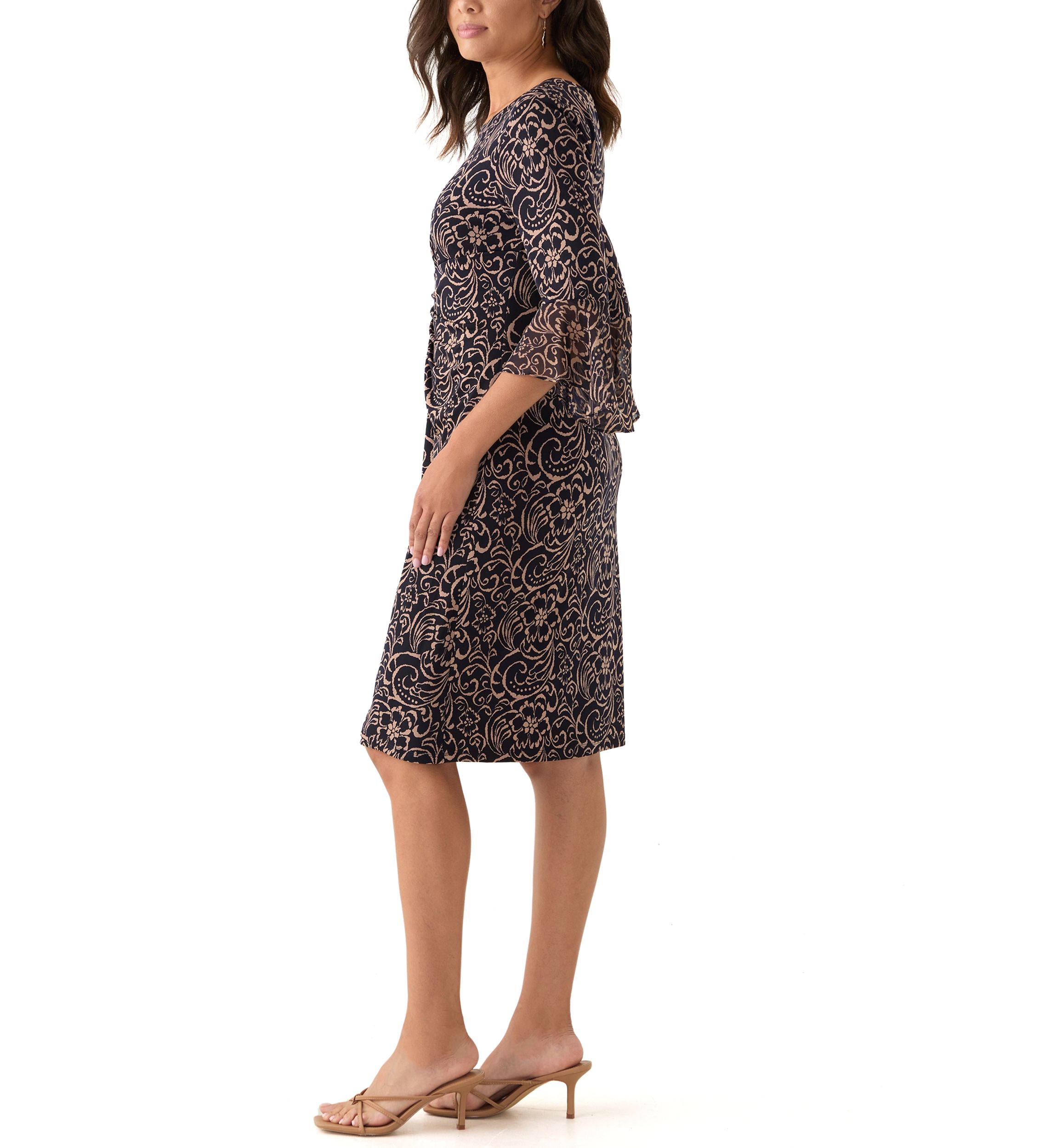 Womens 3/4 Sleeve Crew Neck Paisley Print A-Line Dress