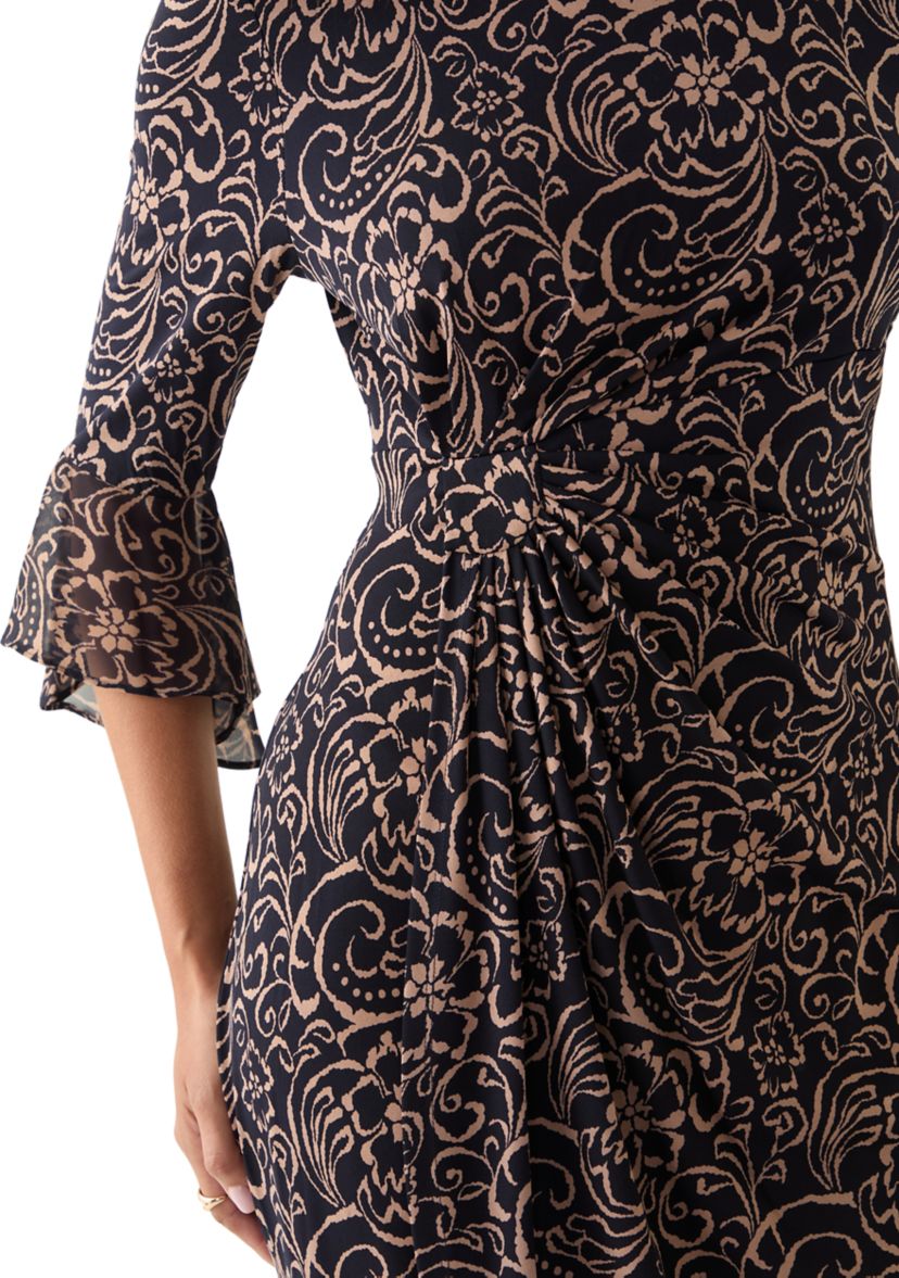 Womens 3/4 Sleeve Crew Neck Paisley Print A-Line Dress
