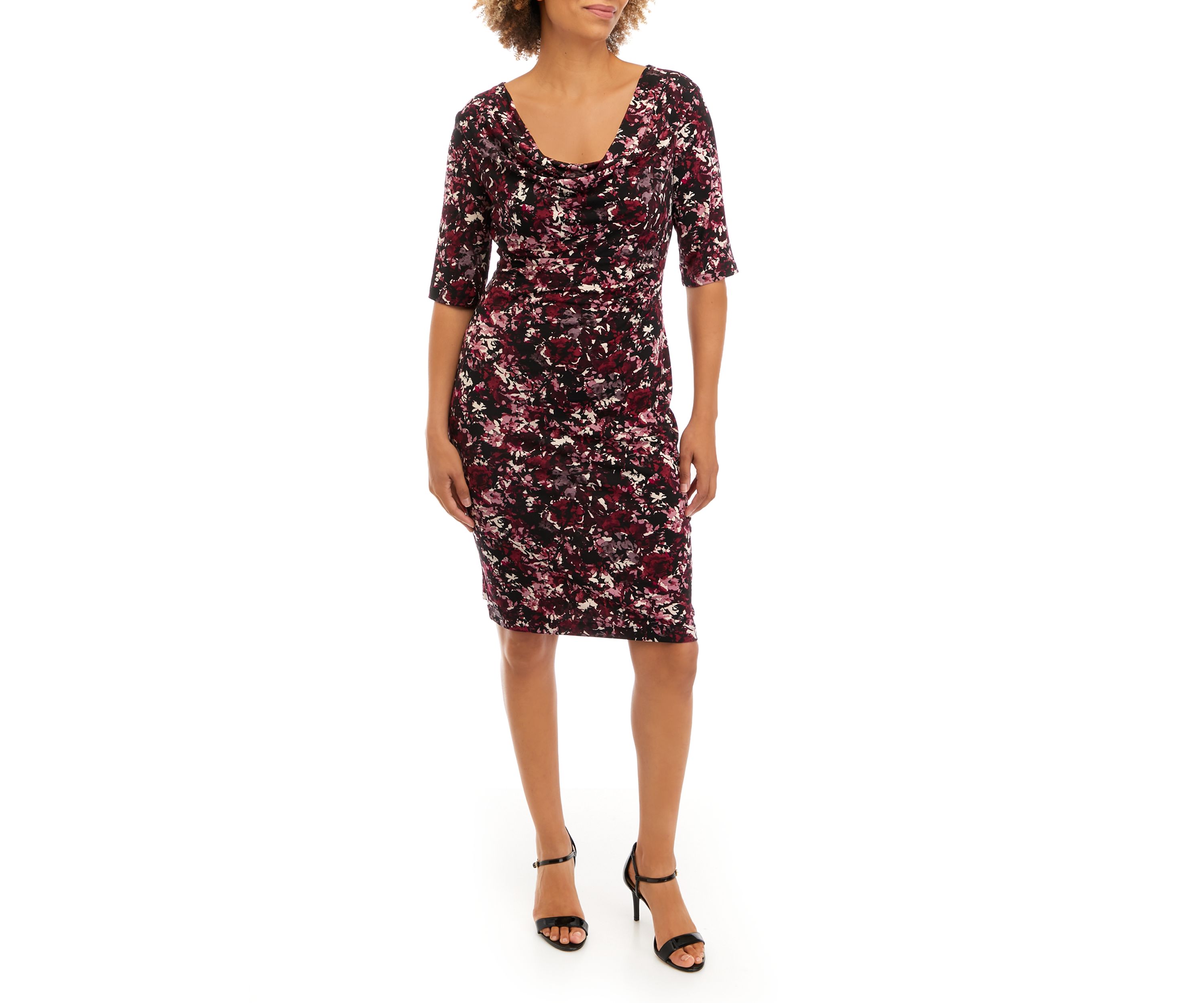 Womens Elbow Sleeve Cowl Neck Abstract Print Dress